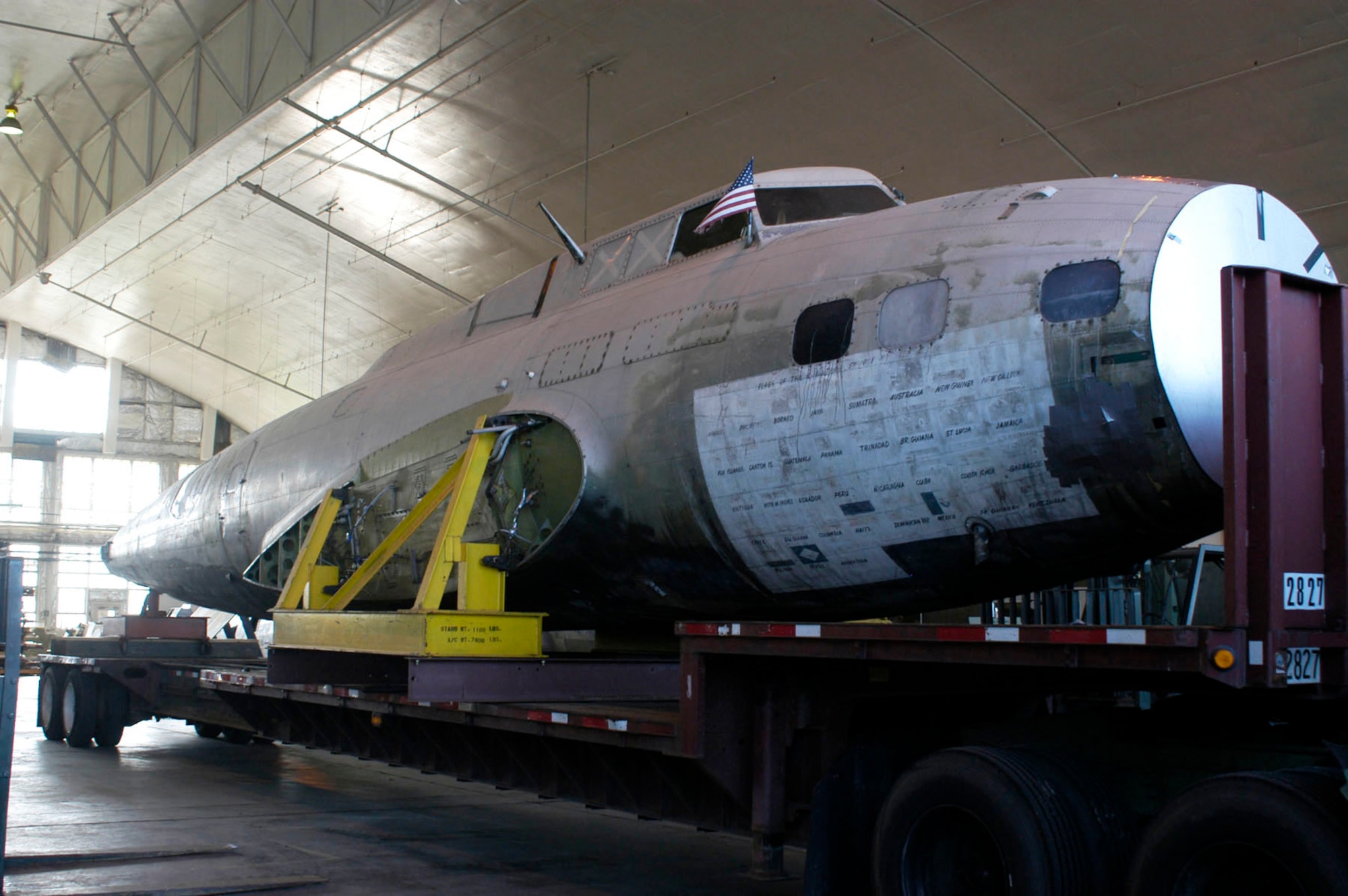 DAYTON, Ohio -- The fuselage of the B-17D "The Swoose" sits on a trailer shortly after its arrival to the restoration facility at the National Museum of the U.S. Air Force. (U.S. Air Force photo)