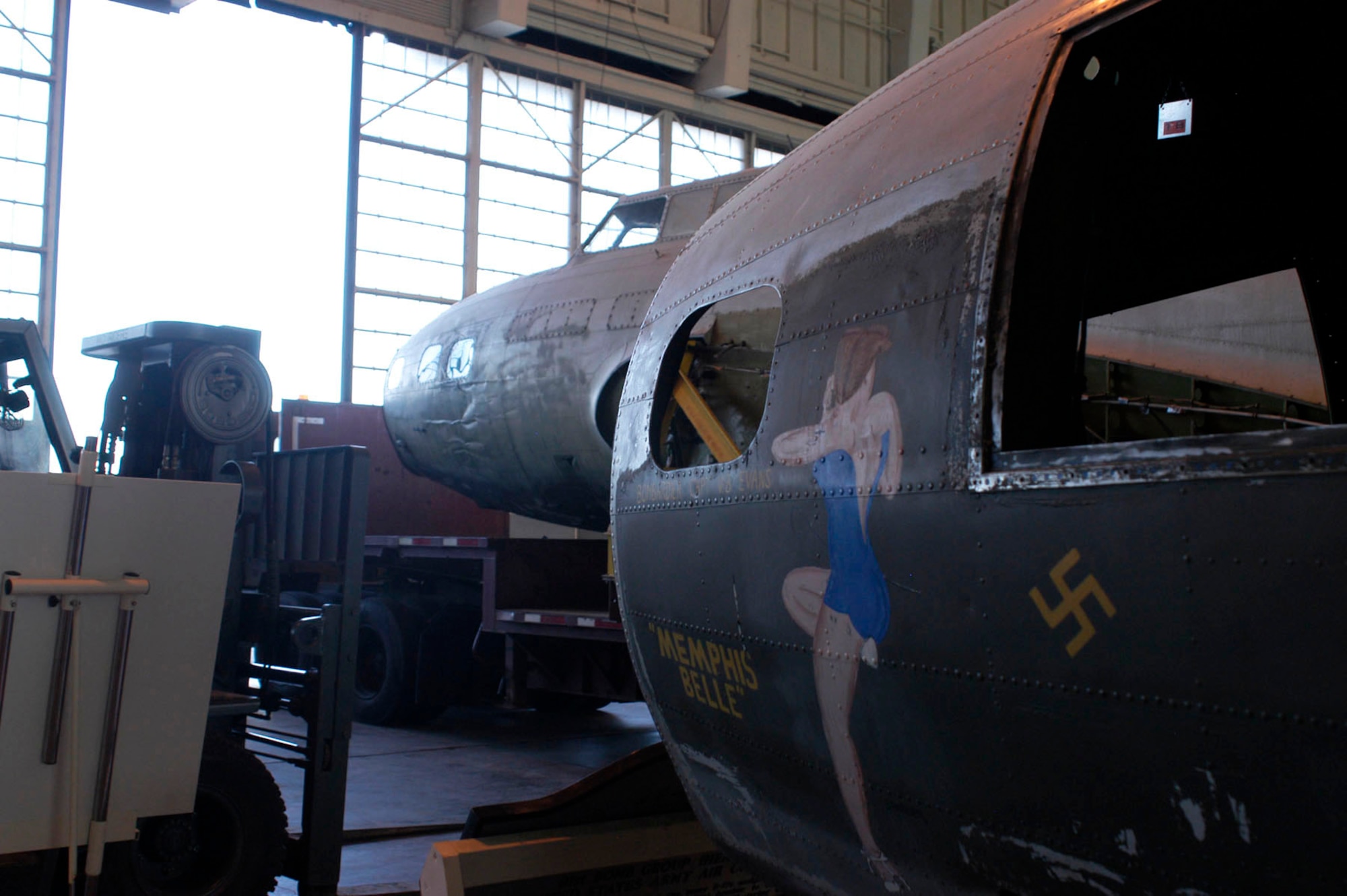 DAYTON, Ohio -- The B-17D "The Swoose" rests next to the B-17F "Memphis Belle" in the restoration area of the National Museum of the U.S. Air Force. (U.S. Air Force photo)