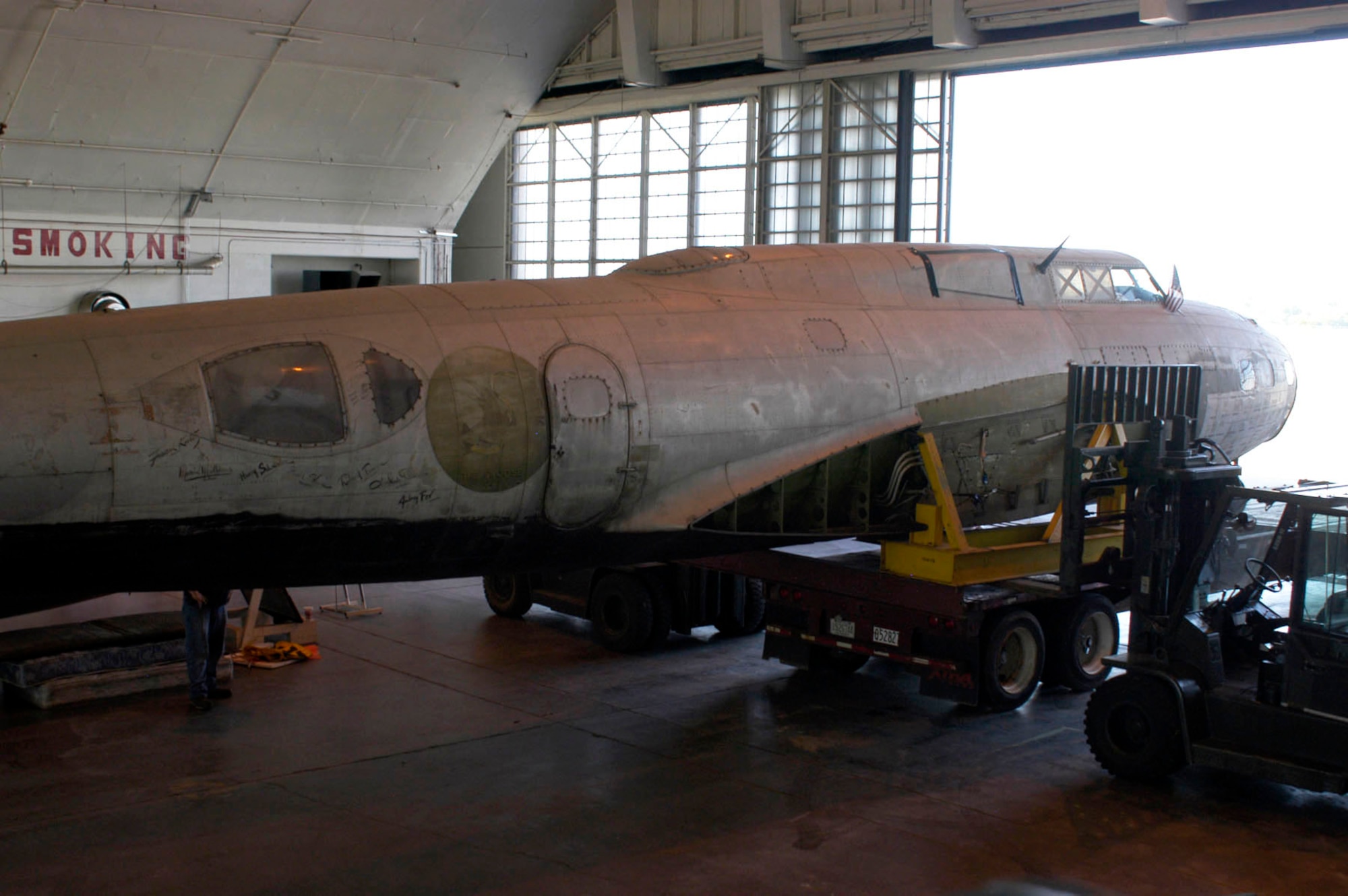 DAYTON, Ohio -- Restoration crews work together to unload the fuselage of the B-17D "The Swoose" that recently arrived at the National Museum of the U.S. Air Force from the National Air and Space Museum. (U.S. Air Force photo)