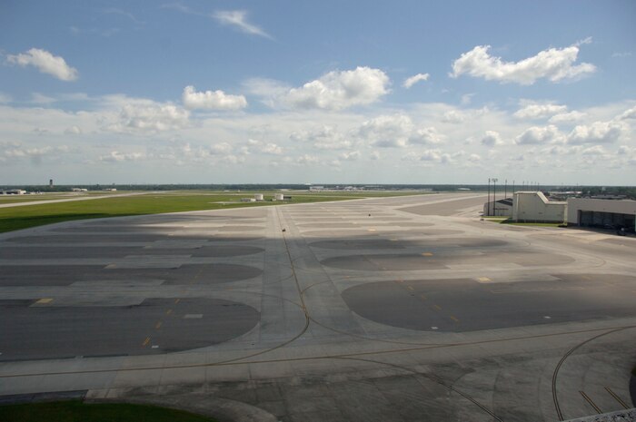 An empty flightline at Charleston AFB remains after aircraft were evacuated Sept. 4. In preparation for possible hurricane conditions, the base evacuated aircraft, flight crews and maintenance technicians to Whiteman AFB, Mo., and Wright-Patterson AFB, Ohio. (U.S. Air Force photo/Airman 1st Class Cynthia Spalding) 
