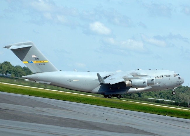 Charleston AFB's  last remaining C-17 evacuates as part of the base's hurricane preperation procedures on the flightline Sept. 4. Eleven C-17 Globemaster III's evacuated from Charleston AFB to both Wright-Patterson AFB, Ohio and Whiteman AFB, Mo. (U.S. Air Force photo/Airman 1st Class Timothy Taylor)