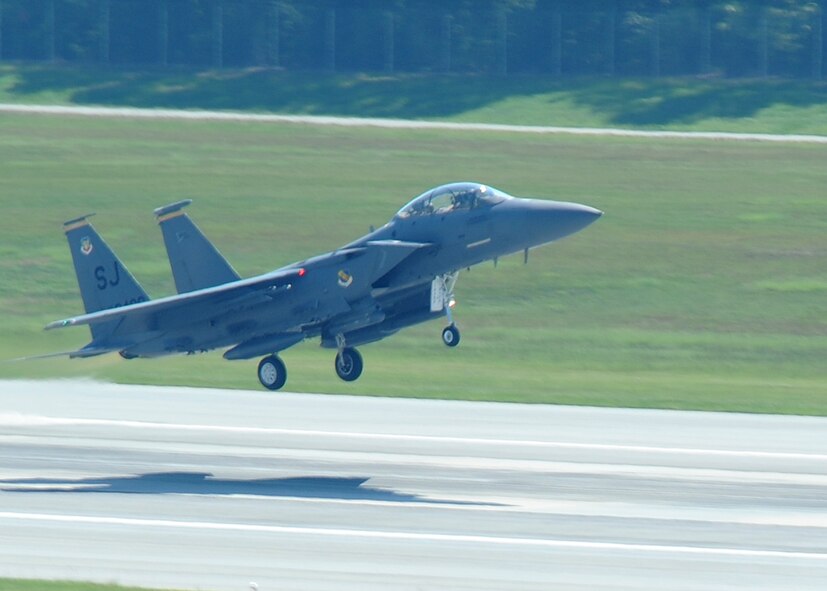 An F-15E Strike Eagle takes off from Seymour Johnson Air Force Base, N.C., on Sep 4, 2008. Roughly 80 Strike Eagles and three KC-135 Stratotankers are being flown to Wright Patterson Air Force Base,Ohio, to ride out the upcoming hurricanes. (U.S. Air Force Photo by Airman 1st Class Whitney Stanfield)