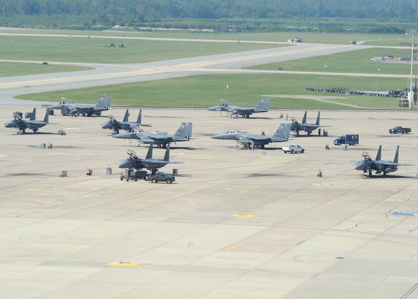 All F-15E Strike Eagle jets are getting ready for take-off on Seymour Johnson Air Force Base, NC on August 4th, 2008. Roughly 80 Strike Eagles and 3 KC-135?s are being removed to Wright Patterson Air Force Base, Ohio to ride out the upcoming hurricanes. (U.S. Air Force Photo by Airman 1st Class Whitney Stanfield)