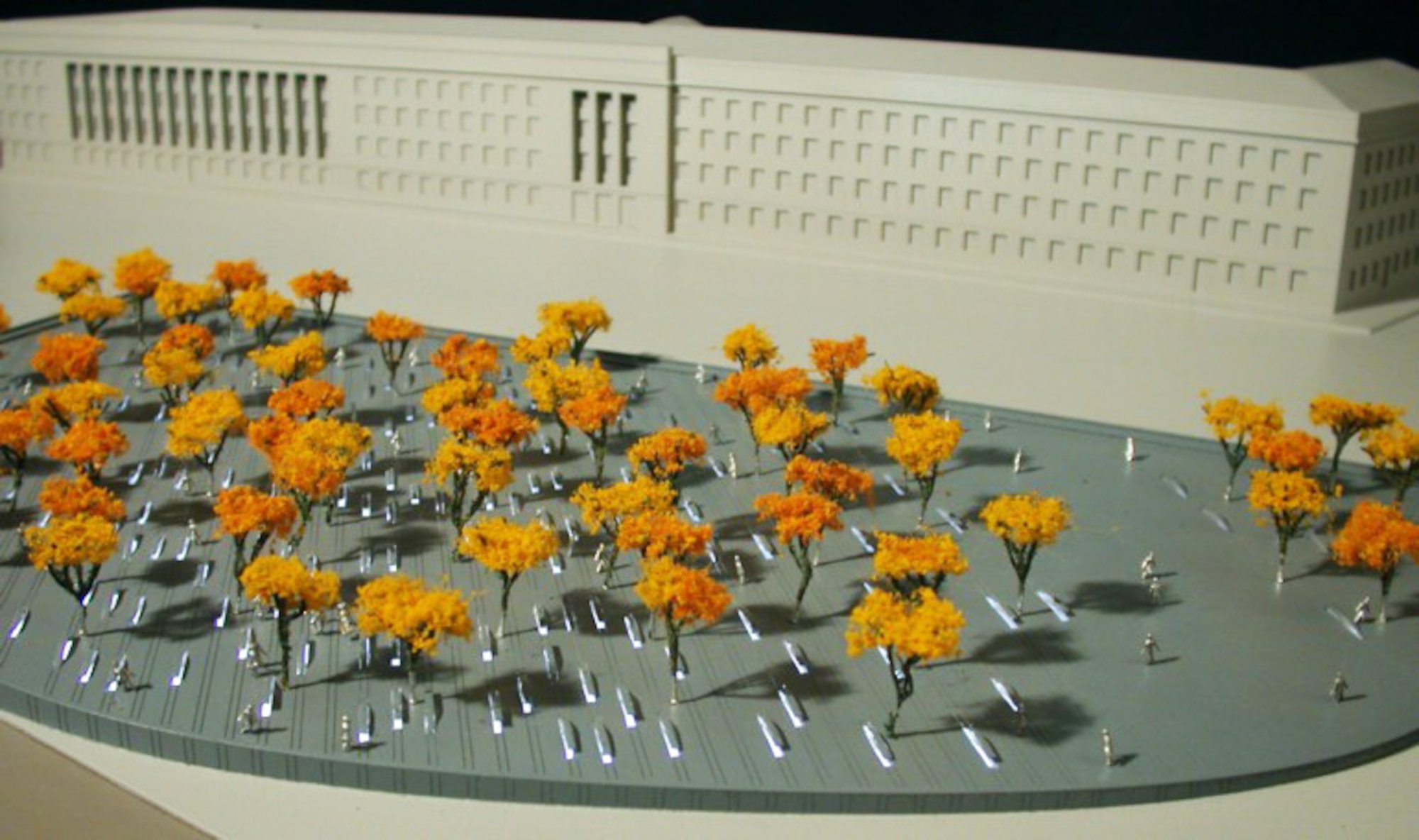 This artist's rendition of the Pentagon Memorial shows the 184 memorial units, each dedicated to an individual victim, including the 59 lives lost on American Airlines Flight 77 and the 125 lives lost in the Pentagon.  The memorial will be dedicated Sept. 11.  (DOD photo)