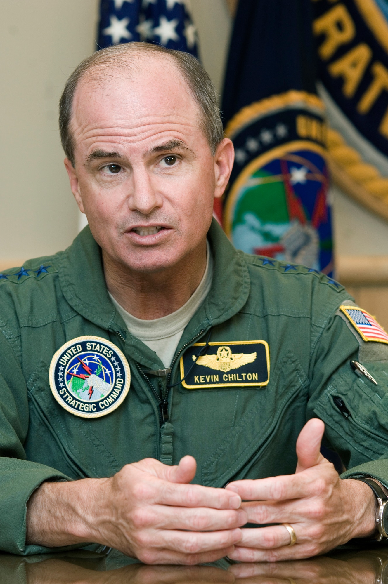 Gen. Kevin P. Chilton speaks on the mission and capabilities of the U.S. Strategic Command Aug. 15 at Offutt Air Force Base, Neb. General Chilton is the STRATCOM commander. (U.S. Air Force photo/Staff Sgt. Bennie J. Davis III)