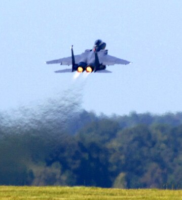 An F-15E Strike Eagle takes off from Seymour Johnson Air Force Base as a part of a base wide preparation for the approaching Hurricane August 4th, 2008. Approximately 80 Strike Eagles and 3 KC-135 Stratotankers are being evacuated to Wright Patterson Air Force Base in Dayton, Ohio to ride out Tropical Storm Hanna and Hurricane Ike. (U.S. Air Force Photo by Airman 1st Class Rae Henline) 
