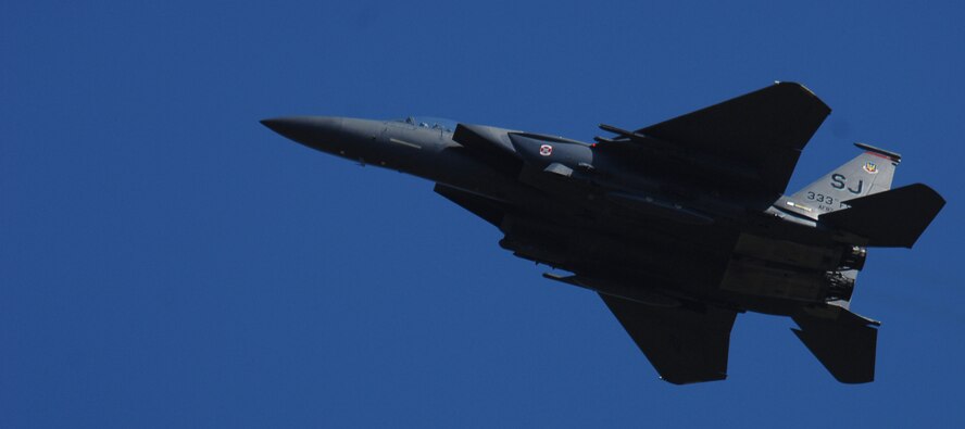 An F-15E Strike Eagle takes off from Seymour Johnson Air Force Base, N.C., in response to approaching hurricanes, Hanna and Ike, Sep 4. Approximately 80 Strike Eagles and three KC-135 Stratotankers are being evacuated to Wright Patterson Air Force Base, Ohio, to ride out the hurricanes. (U.S. Air Force photo by Airman 1st Class Makenzie Lang) 
