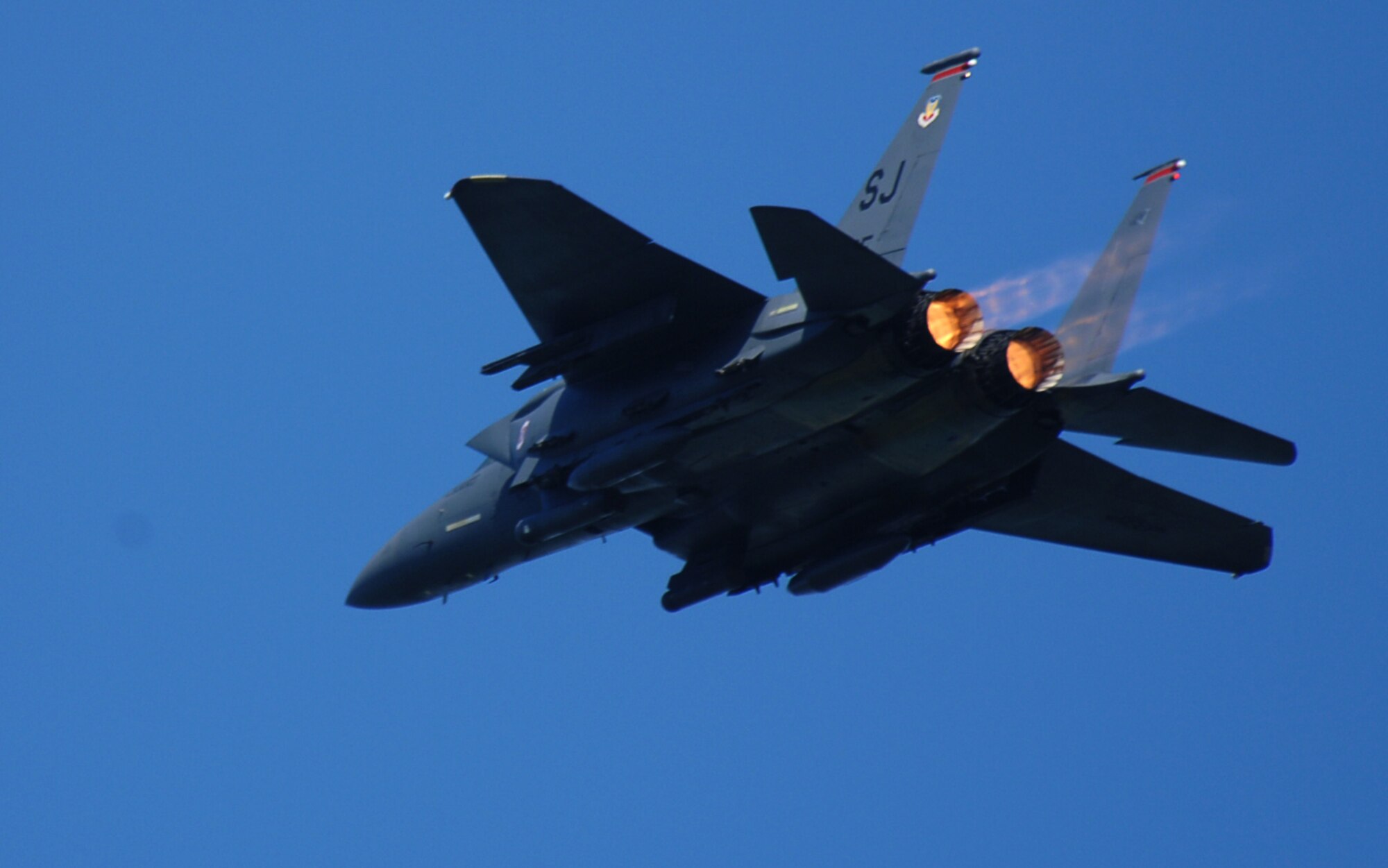 An F-15E Strike Eagle takes off from Seymour Johnson Air Force Base, N.C., in response to approaching hurricanes Hanna and Ike, Sep 4. Approximately 80 Strike Eagles and 3 KC-135 Stratotankers are being evacuated to Wright Patterson Air Force Base, Ohio, to ride out the hurricanes. (U.S. Air Force photo by Airman 1st Class Makenzie Lang)