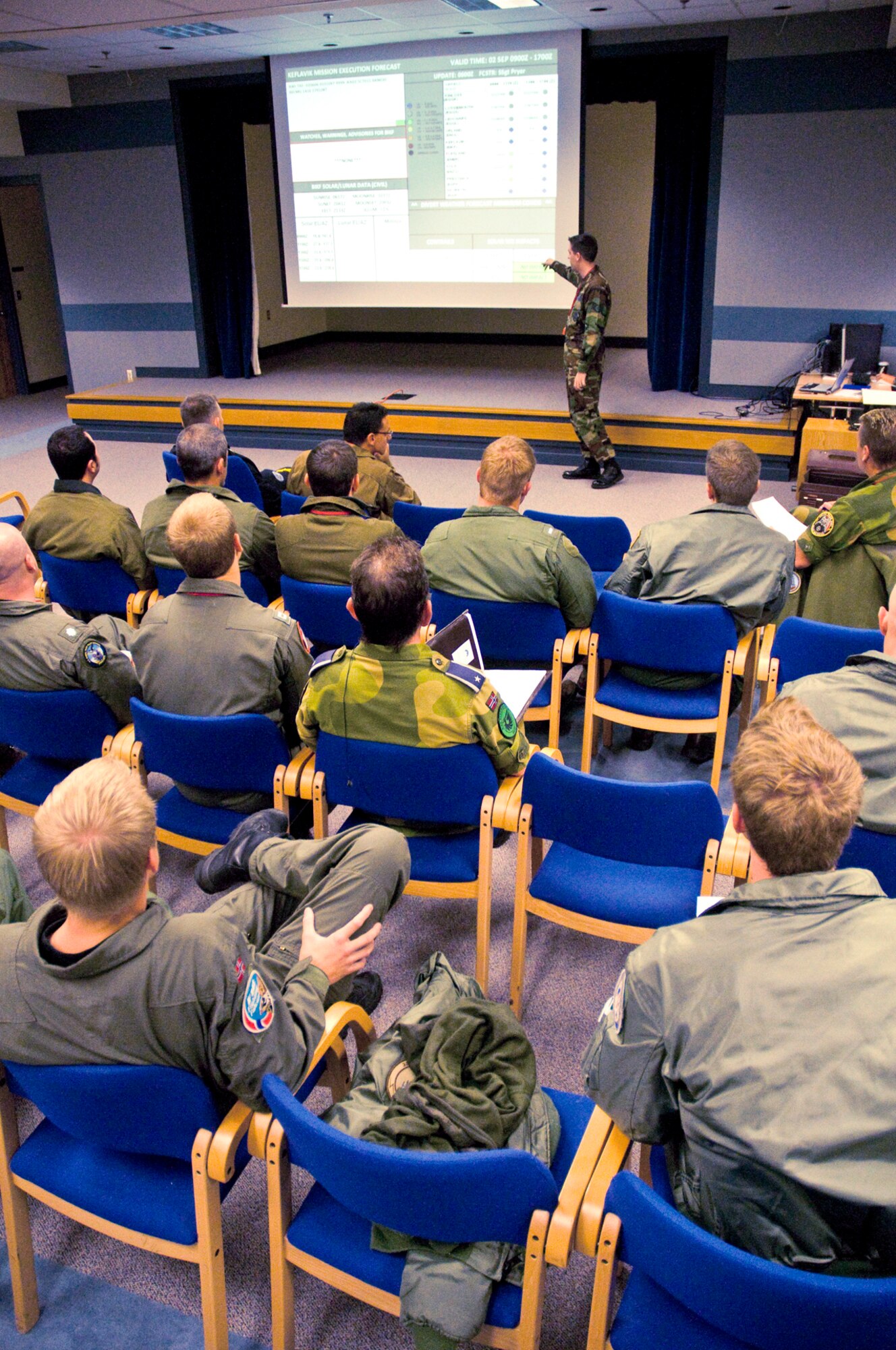 Staff Sgt. Cody Pryer briefs pilots from the U.S., Norway, Denmark, Canada and NATO with weather information prior to their flights. He briefs information such as wave heights, for search and rescue reasons, cloud heights for refueling purposes and turbulence and thunderstorm information. The forces here are participating in the 2008 Northern Viking multinational exercise which is designed to hone the skills necessary to assist Iceland in its defense. Sergeant Pryer is a weather forecaster here deployed from the 48th Operations Support Squadron at Royal Air Force Lakenheath, England. (U.S. Air Force photo/Staff Sgt. Nathan Gallahan)