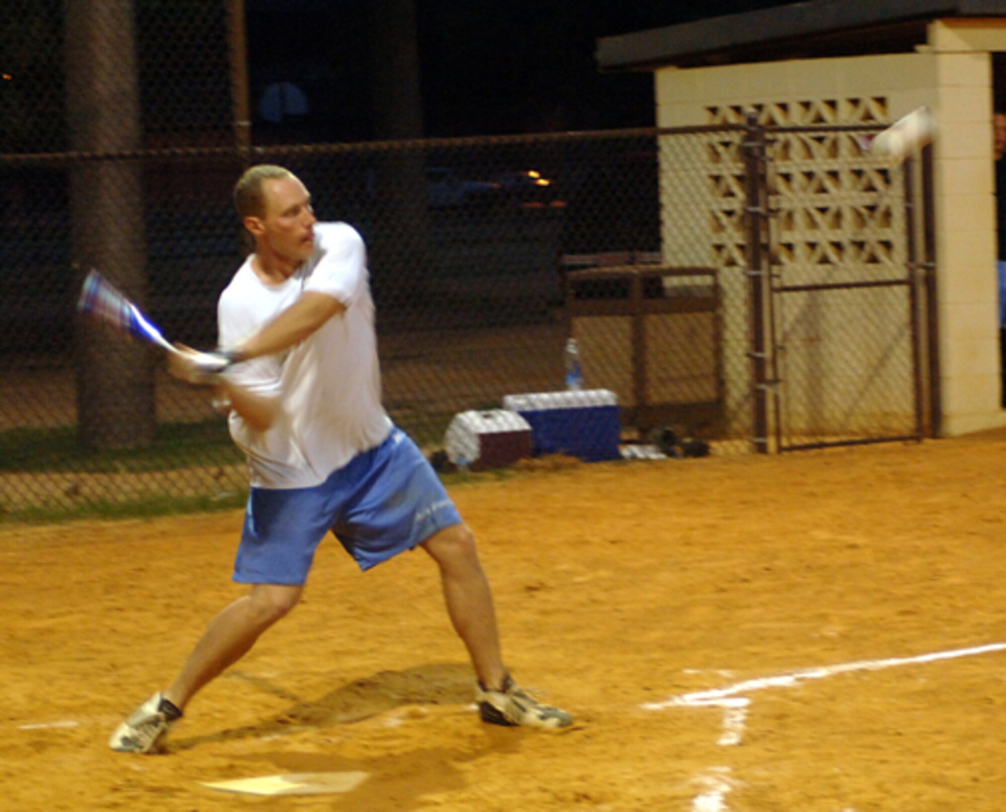 Christopher Palmer, 14th Operational Support Squadron, prepares to swing at a pitch during the intramural softball championship game Wednesday at Field One. The final game was between the 14th OSS and the 14th Civil Engineer Squadron. Ultimately, the championship title was given to the 14th CES after defeating the 14th OSS with a score of 17-3. (U.S. Air Force photo by Airman Josh Harbin)