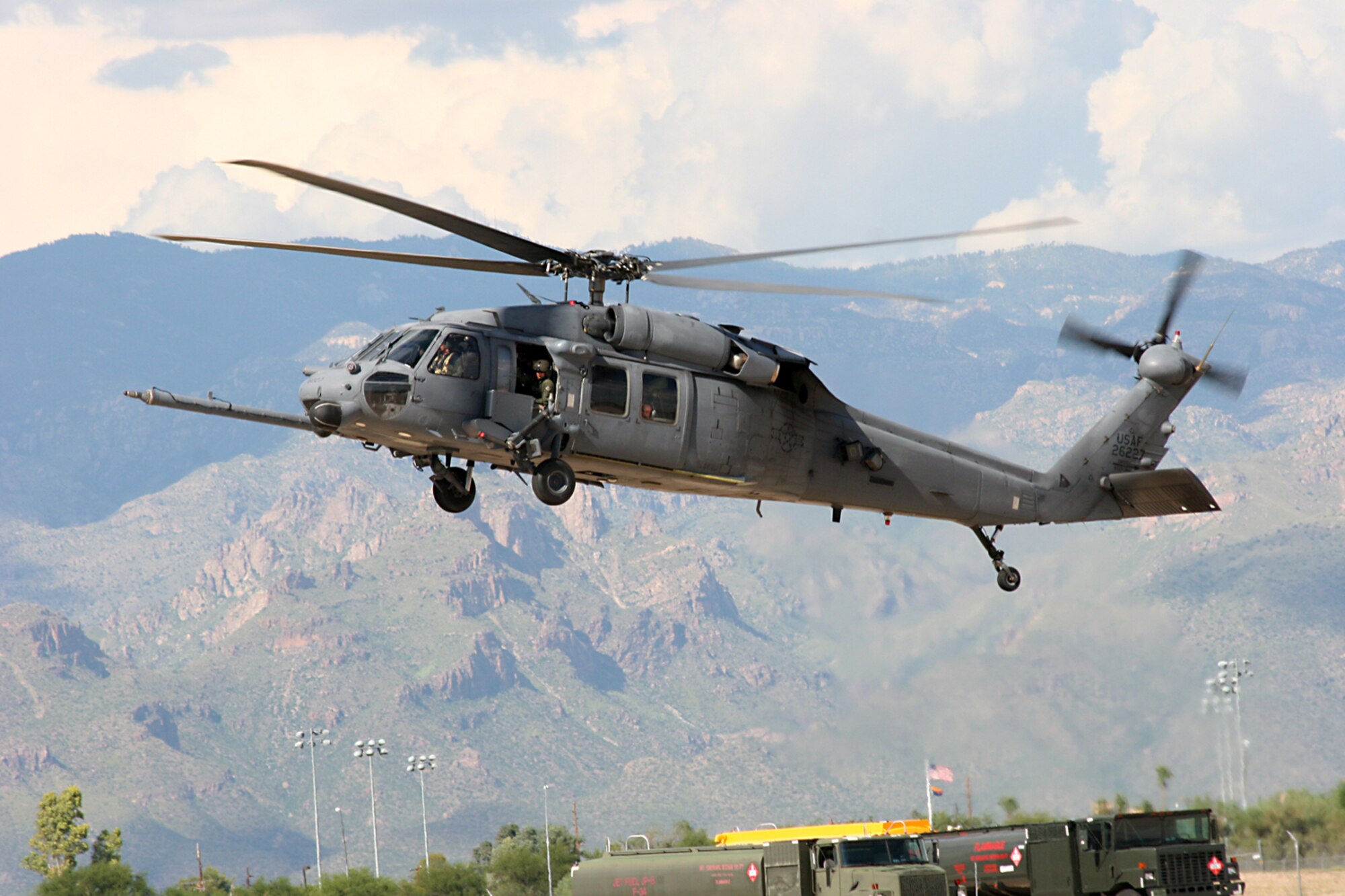 An HH-60G Pave Hawk helicopter lands at D-M Sept. 3 after returning from a rescue mission for Hurricane Gustav relief operations. Active duty members assigned to the 563rd Rescue Group and the Air Force Reserve forces assigned to the 943rd RQG both out of Davis Monthan Air Force Base, Ariz., joined the Air National Guard's 129th Rescue Wing from Moffett AFB, Calif., and the 147th Reconnaissance Wing of the Texas Military Forces to provide the Governors of Louisiana and Texas air search and rescue assets. 