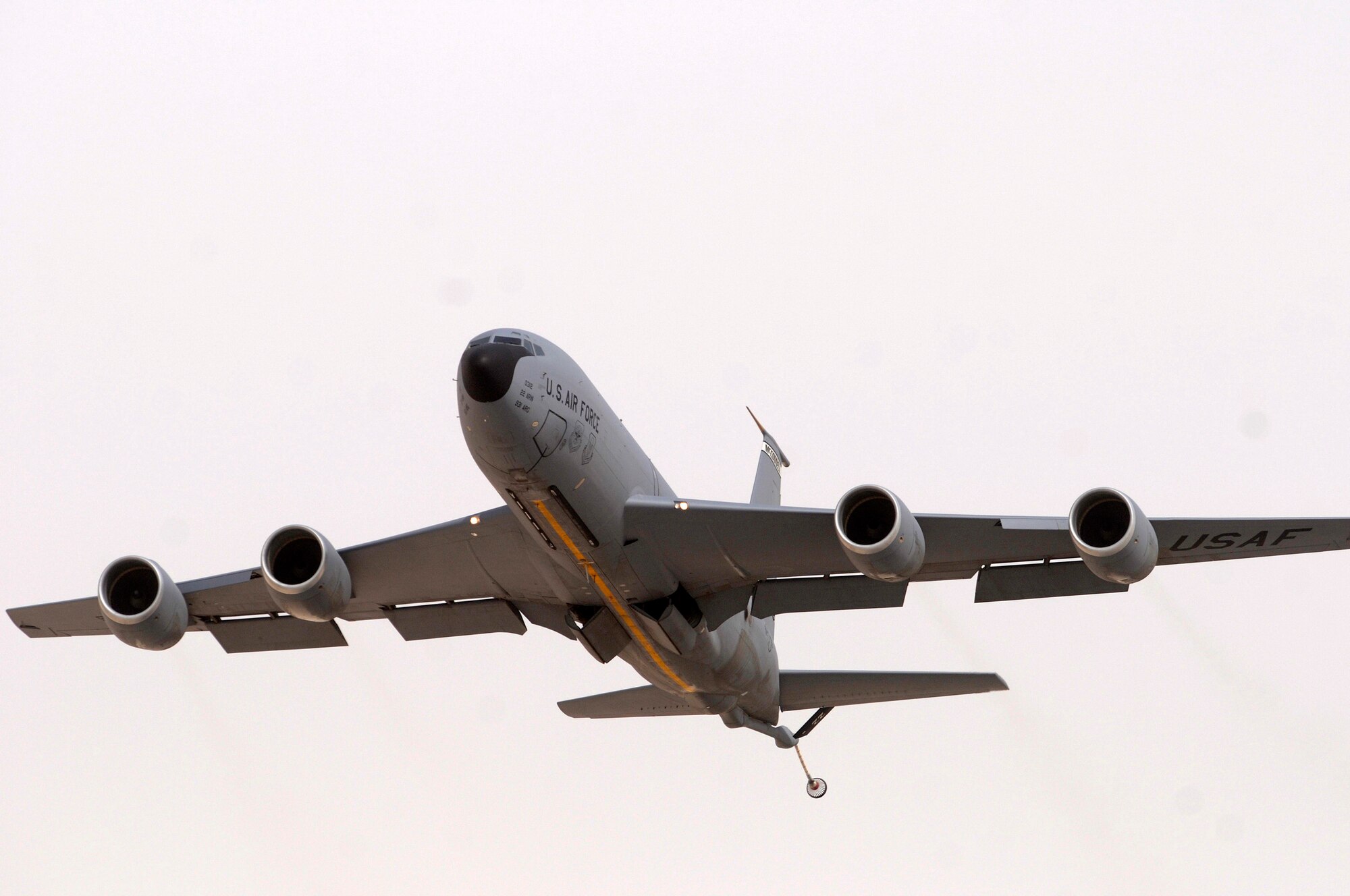 A KC-135 Stratotanker, from McConnell Air Force Base, Kan., takes off on another refueling mission from an undisclosed air base in Southwest Asia Sep. 2, 2008.  The KC-135 provides the core aerial refueling capability for the United States Air Force and provides aerial refueling support to Air Force, Navy, Marine Corps and allied nation aircraft participating in Operations Iraqi and Enduring Freedom and Joint Task Force-Horn of Africa. (U.S. Air Force photo by Tech. Sgt. Michael Boquette/Released)