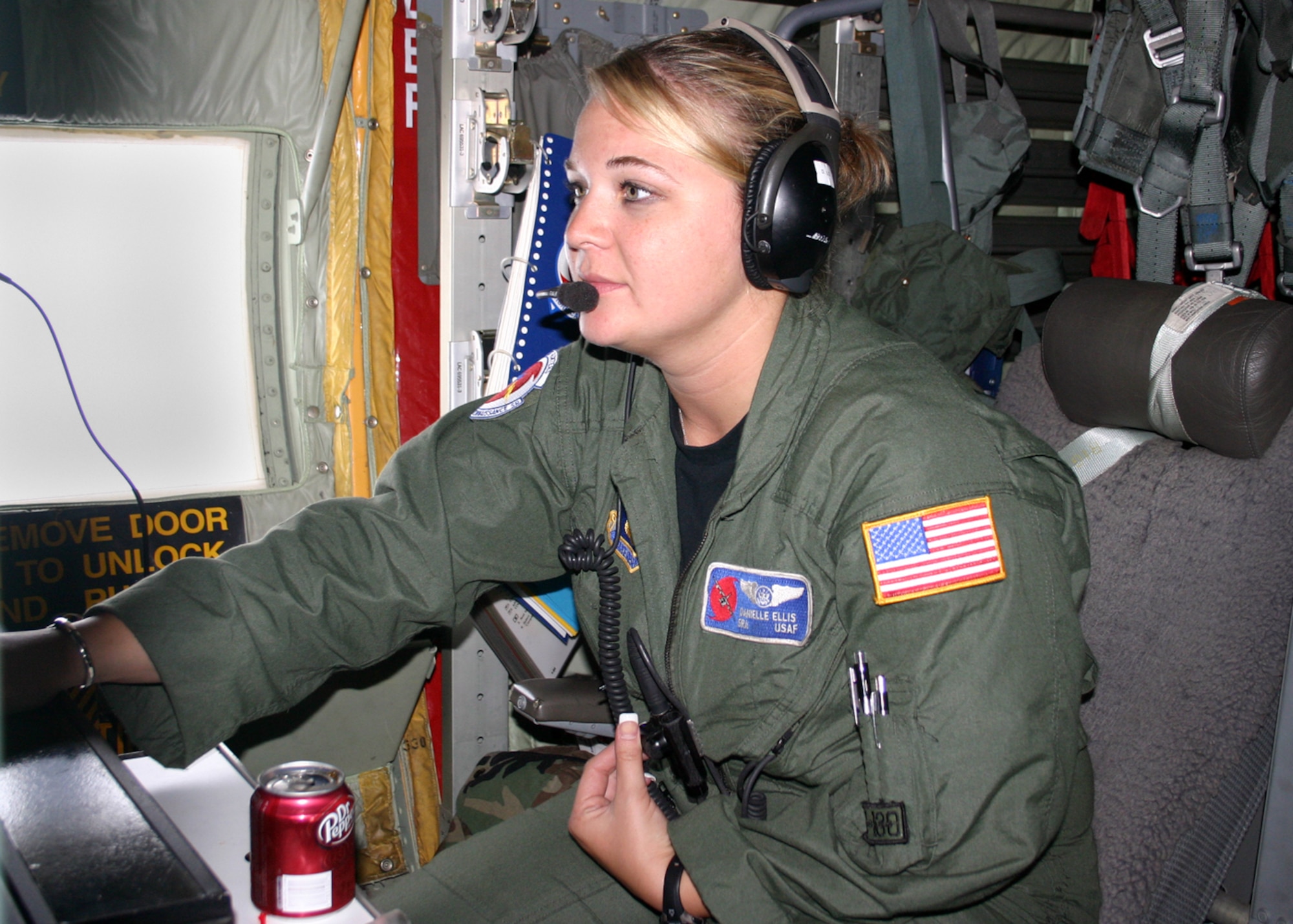 Senior Airman Danielle Ellis, a loadmaster aboard a C-130-J Hurricane Hunter checks her instruments prior to launching a dropsonde sensor during a mission inside Hurricane Gustav near the Gulf Coast of Louisiana Mon. Sept. 1, 2008.
Air Force photo by Senior Master Sgt. Raymond Sarracino
