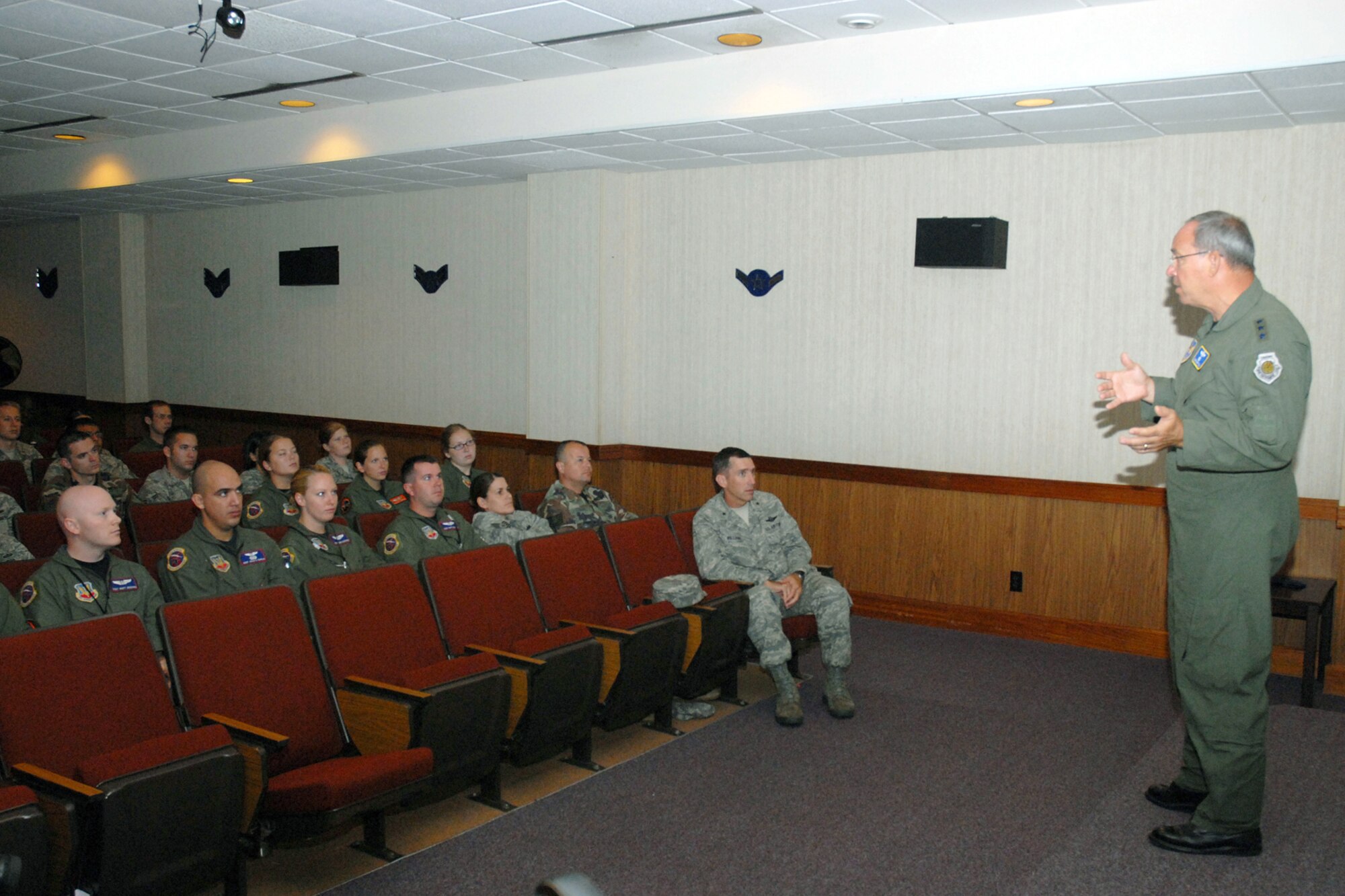 Lt. Gen. David Deptula, Deputy Chief of Staff for Intelligence, Surveillance and Reconnaissance, speaks with Airmen from the 18th Wing during a visit to Kadena Air Base, Japan Sept. 3, 2008. Lt. Gen. Deptula discussed the many challenges facing the ISR community in today's Air Force.  (U.S. Air Force photo/Airman 1st Class Chad Warren)