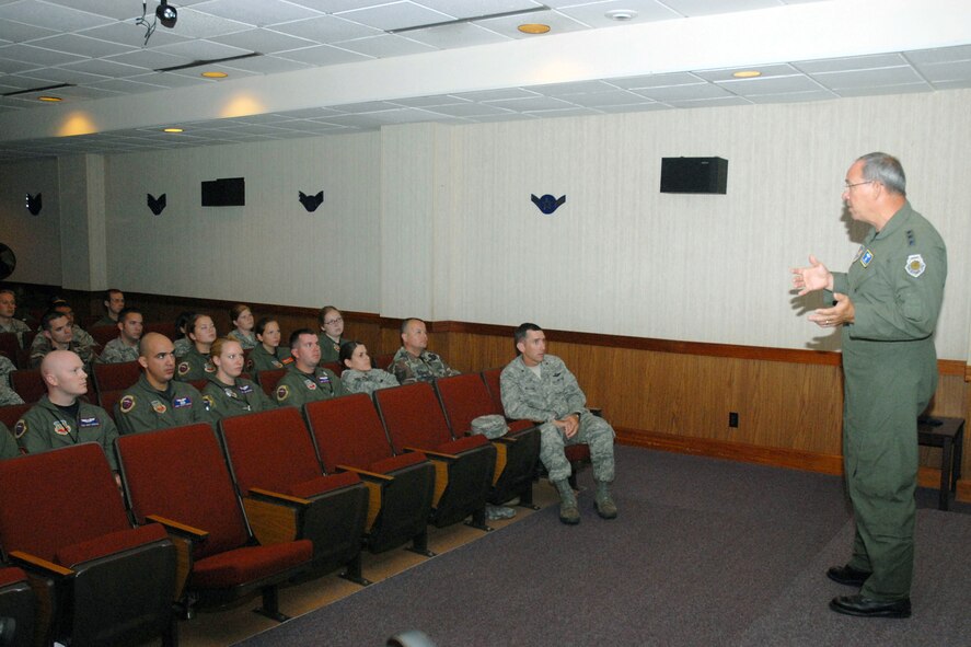 KADENA AIR BASE, Japan -- Lt. Gen. David Deptula, Deputy Chief of Staff for Intelligence, Surveillance and Reconnaissance, speaks with Airmen from the 18th Wing Sept. 3. General Deptula discussed the challenges facing the ISR community in today's Air Force. (U.S. Air Force photo/Airman 1st Class Chad Warren)