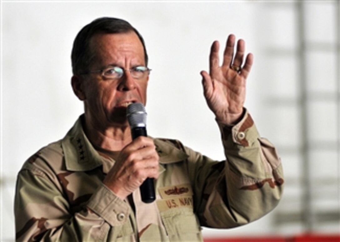 Chairman of the Joint Chiefs of Staff Adm. Mike Mullen, U.S. Navy, addresses U.S. sailors in the hangar bay of the aircraft carrier USS Abraham Lincoln (CVN 72) while underway in the North Arabian Sea on Aug. 27, 2008.  The Lincoln is deployed to the U.S. 5th Fleet area of operations in support of Operations Iraqi and Enduring Freedom.  
