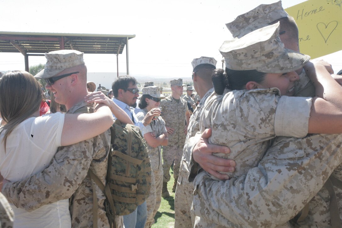 Marines with Combat Logistics Battalion 7 and 3rd Battalion, 4th Marine Regiment, meet their families at the Combat Center’s Victory Field after returning from a seven-month deployment to Iraq in support of Operation Iraqi Freedom Sept. 5.  3/4’s return marks the drawing to a close of their fifth combat deployment in support of Operation Iraqi Freedom. CLB-7 detachments deployed for the third time in February in support of OIF.