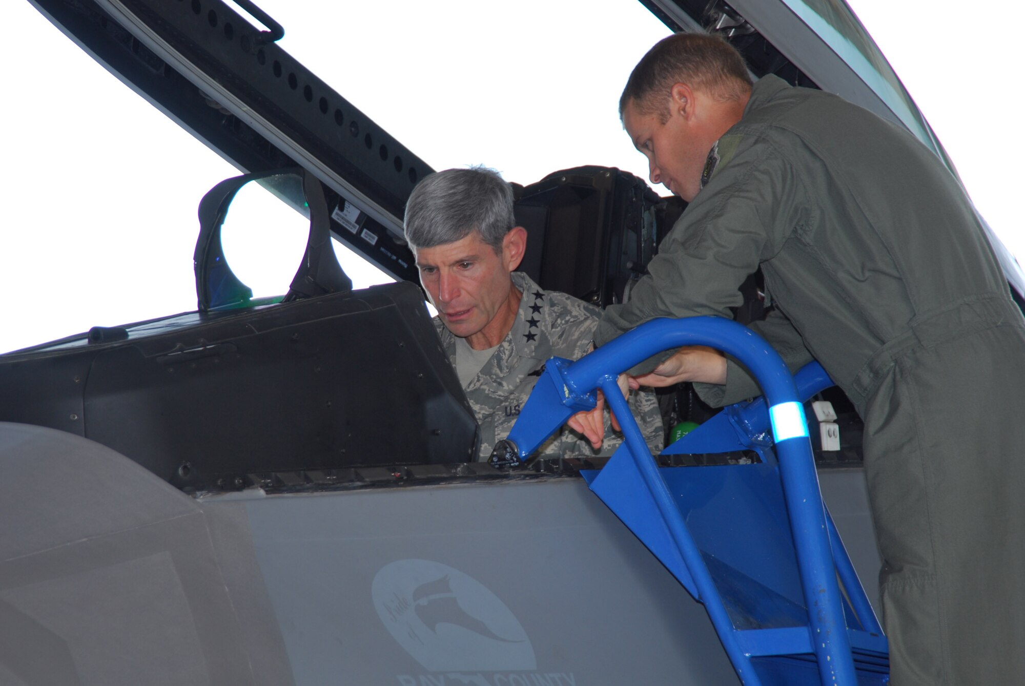 Lt. Col. Derek France, 43rd Fighter Squadron commander, discusses the capabilities and features of the F-22 Raptor with Air Force Chief of Staff Gen. Norton A. Schwartz during his visit to Tyndall Air Force Base, Fla., Sept. 3  (U.S. Air Force photo/Lisa Norman)
