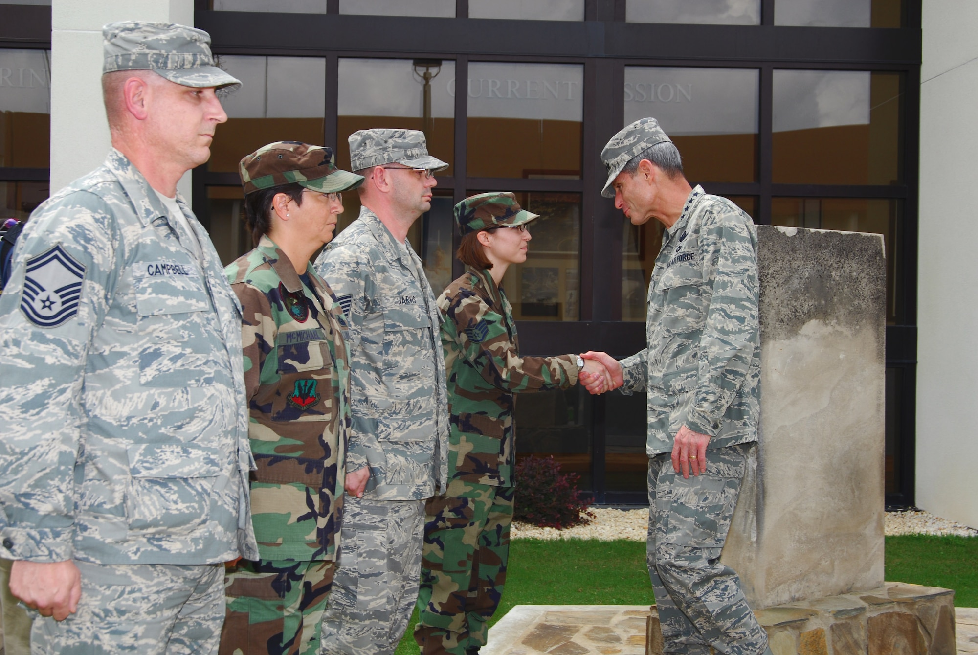 Air Force Chief of Staff Gen. Norton A. Schwartz greets Airmen assigned to the 601st Air Operations Center during his visit to Tyndall Air Force Base, Fla., Sept. 3.  (U.S. Air Force photo/Lisa Norman)