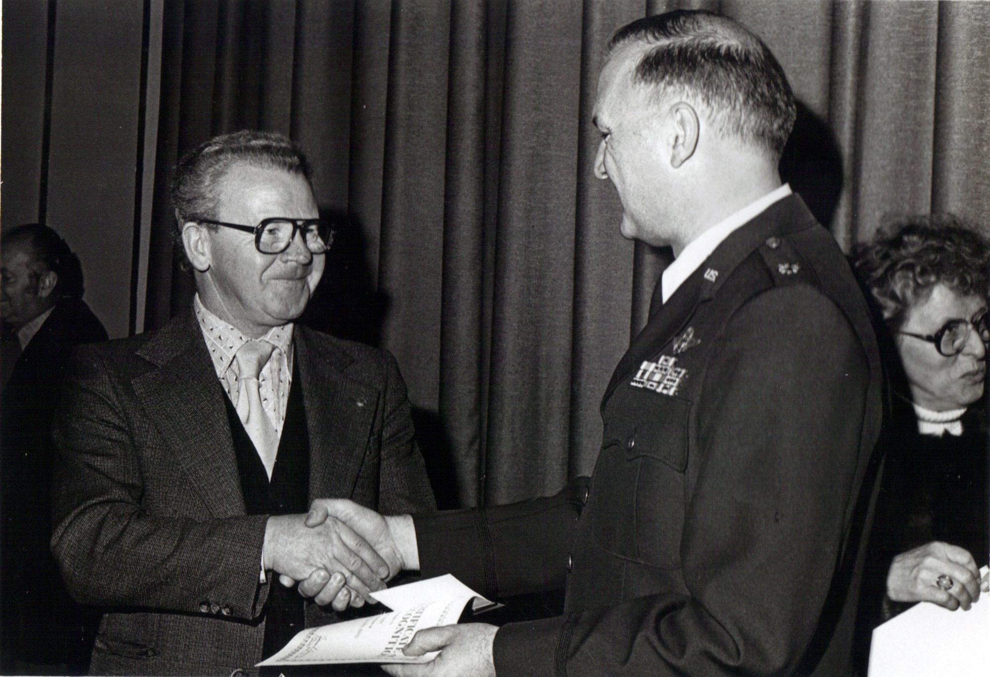 Josef Seywert, housing inspector at time of the photo, is awarded the Air Force Civilian Award for Valor from Lt. Col. Henry G. Shirley, 36th Civil Engineering Squadron commander, July 18, 1977. (Courtesy photo)