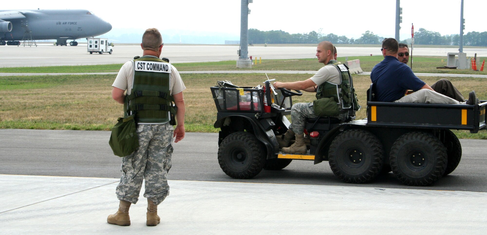 WRIGHT-PATTERSON AFB, Ohio - Members of the Ohio National Guard’s 52nd Weapons of Mass Destruction Civil Support Team prepare to inspect a C-5 Galaxy for radiological isotopes as part of a multi-day, joint exercise with the Indiana National Guard’s 53rd WMD Civil Support Team.  A portion of the exercise took place on the 445th Airlift Wing’s flight line at Wright-Patterson Air Force Base, Ohio, Sept. 4, 2008.  (U.S. Air Force photo/Capt. Caroline Wellman)