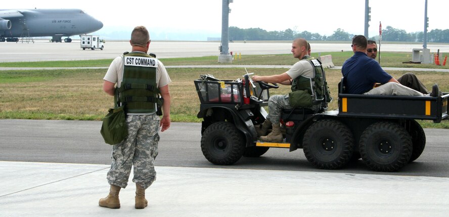 WRIGHT-PATTERSON AFB, Ohio - Members of the Ohio National Guard’s 52nd Weapons of Mass Destruction Civil Support Team prepare to inspect a C-5 Galaxy for radiological isotopes as part of a multi-day, joint exercise with the Indiana National Guard’s 53rd WMD Civil Support Team.  A portion of the exercise took place on the 445th Airlift Wing’s flight line at Wright-Patterson Air Force Base, Ohio, Sept. 4, 2008.  (U.S. Air Force photo/Capt. Caroline Wellman)