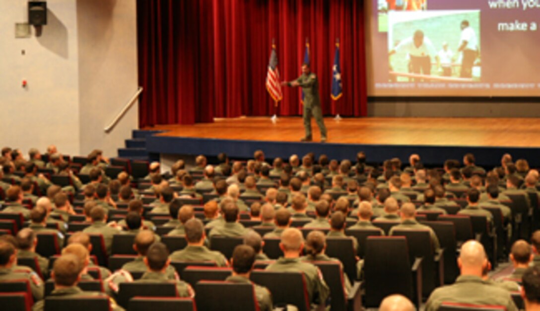 Gen. Stephen Lorenz,Air Education and Training Command commander, provides insight and fielded questions ranging from the current condition of the wing's aircraft fleet, assignments to aircraft, infrastructure and the way ahead for pilot training at a pilot's call for the 80th Flying Training Wing Sept. 4. (U.S. Air Force photo/ Lt. Col. Ternell Washington) 
