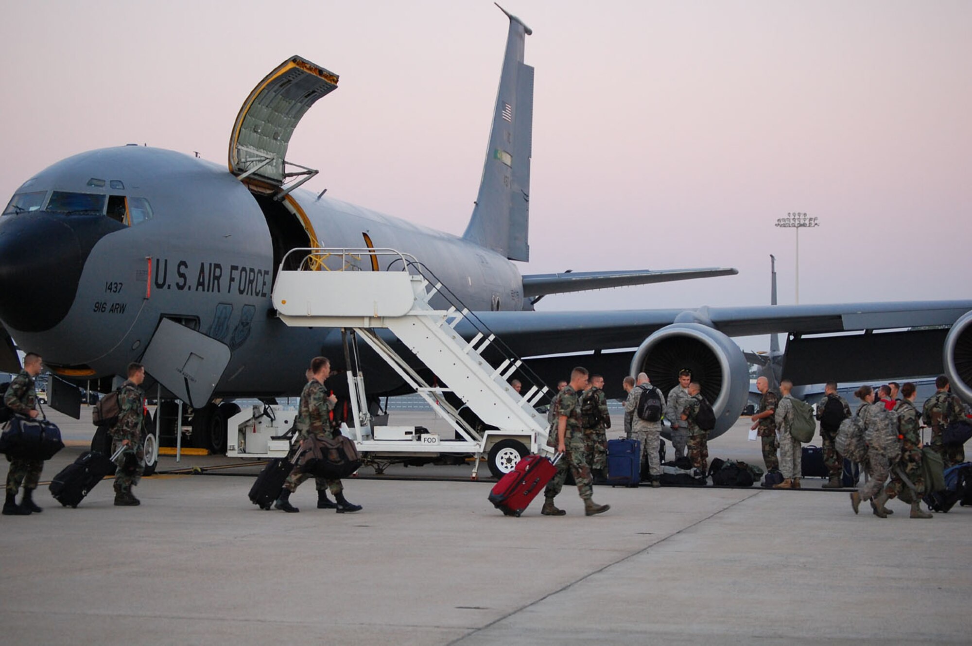 SEYMOUR JOHNSON AIR FORCE BASE, N.C. -- Hurricane Hanna, due to hit the North Carolina coast with high winds predicted to reach as far inland as the Raleigh area, forced members of the 916th Air Refueling Wing and 4th Fighter Wing to evacuate jets and critical crew members on Thursday. The Air Force Reserve tanker wing evacuated seven KC-135 Stratotankers headed for Ohio and Indiana and the F-15 Strike Eagle active duty wing evacuated 80 jets to Ohio.  The Reserve training weekend was cancelled due to the storm which is scheduled to hit North Carolina on Saturday. U.S. Air Force photo/Ms. Donna Lea