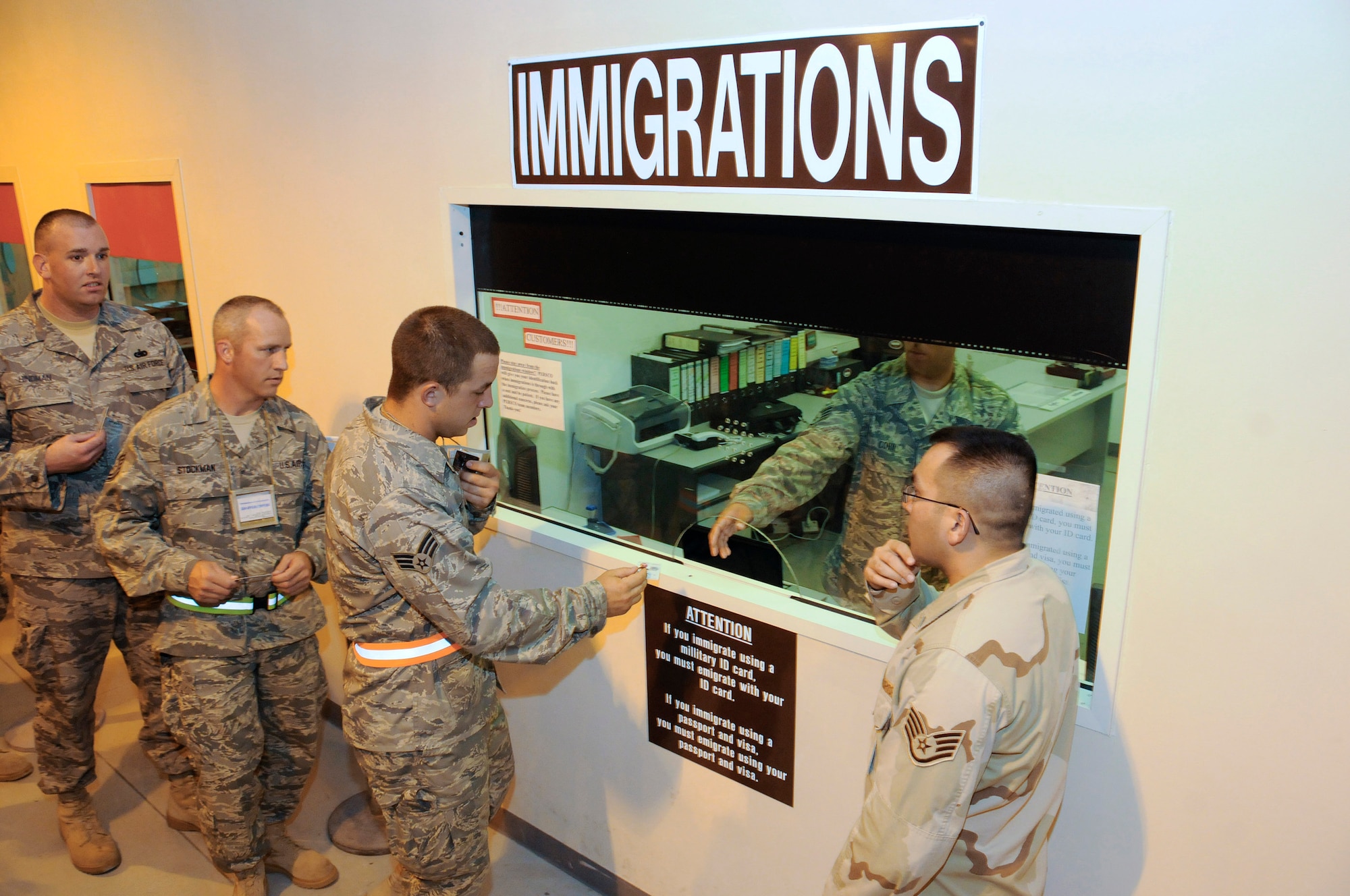 Immigrations is the first step in processing in or out of this undisclosed location in Southwest Asia Sept. 4, 2008.  New arrivals and transient personnel just passing through all have to pass through Immigrations.  The new arrivals are replacements for personnel who are ready to redeploy back to their home stations.  All personnel are here in support of Operations Iraqi and Enduring Freedom and Joint Task Force-Horn of Africa.  (U.S. Air Force photo by Tech. Sgt. Michael Boquette/Released)