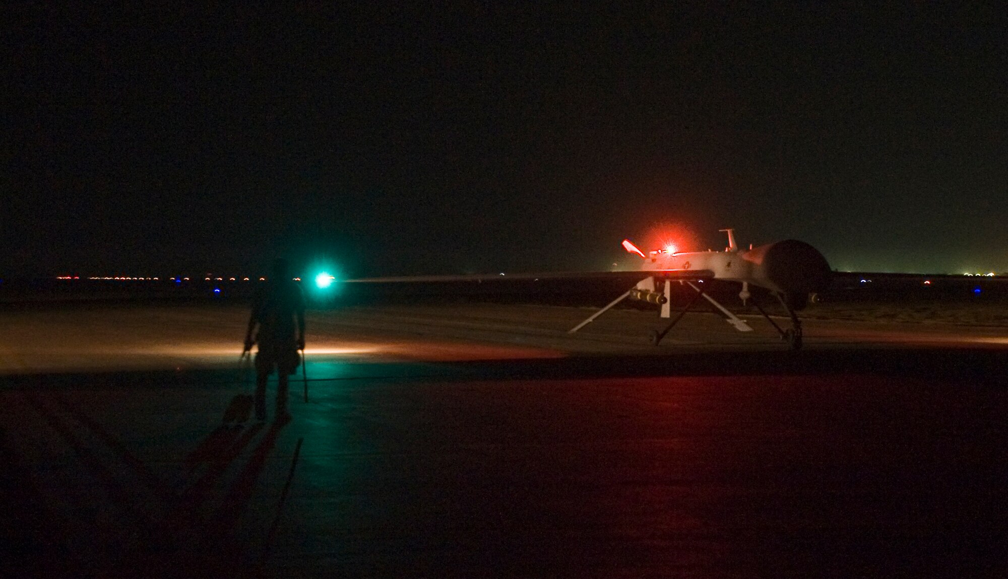 ALI BASE, Iraq -- An MQ-1B Predator unmanned aerial system, assigned to Detachment 1 46th Expeditionary Reconnaissance Attack Squadron, taxis in after a mission Sept. 3, 2008. Through the use of advanced capabilities, focused doctrine and detailed training, the Predator provides integrated and synchronized close air combat operations, to include intelligence, surveillance and reconnaissance. (U.S. Air Force photo/Airman 1st Class Christopher Griffin)