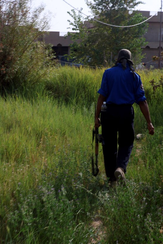 JAZEERAH, Iraq (September 5, 2008) – An Iraqi policeman conducts a security patrol through fields off the side of a road Sept. 5. Although official Provincial Iraqi Control has only recently taken place in al Anbar, Iraqi Police in Jazeerah, Iraq, have conducted themselves as the area’s leading security force for some time. (Official U.S. Marine Corps photo by Lance Cpl. Scott Schmidt)