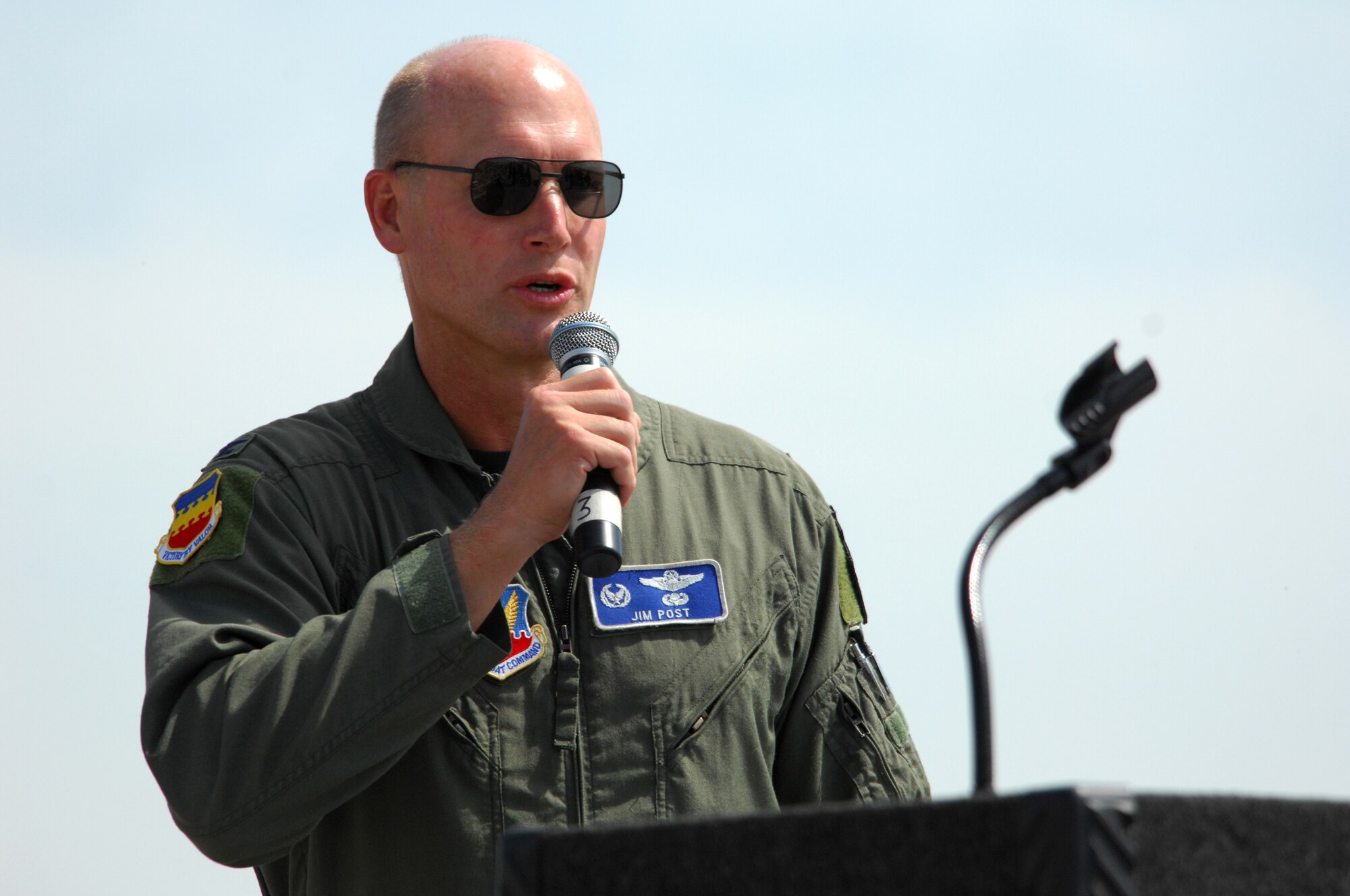 SHAW AIR FORCE BASE, S.C. -- Col. James Post, 20th Fighter Wing commander, greets the crowd at the opening ceremony during the ShawFest air show on Sept. 6. ShawFest is a tribute of appreciation to the Sumter and local communities for their support of the military personnel of Shaw. (U.S. Air Force photo/Senior Airman Matthew Davis)