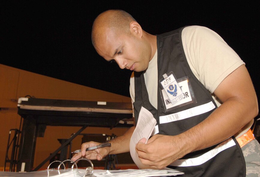 DYESS AIR FORCE BASE, Texas – Staff Sgt. Victor Roman, 7th Logistics Readiness Squadron Air Terminal Operations, checks the paperwork for a palate of cargo during the 7th Bomb Wing Operational Readiness Exercise here Sept. 6. The 12 members of Air Terminal Ops work 24/7 to ensure cargo is air worthy before it leaves the base. (U.S. Air Force photo/Senior Airman Carolyn Viss)