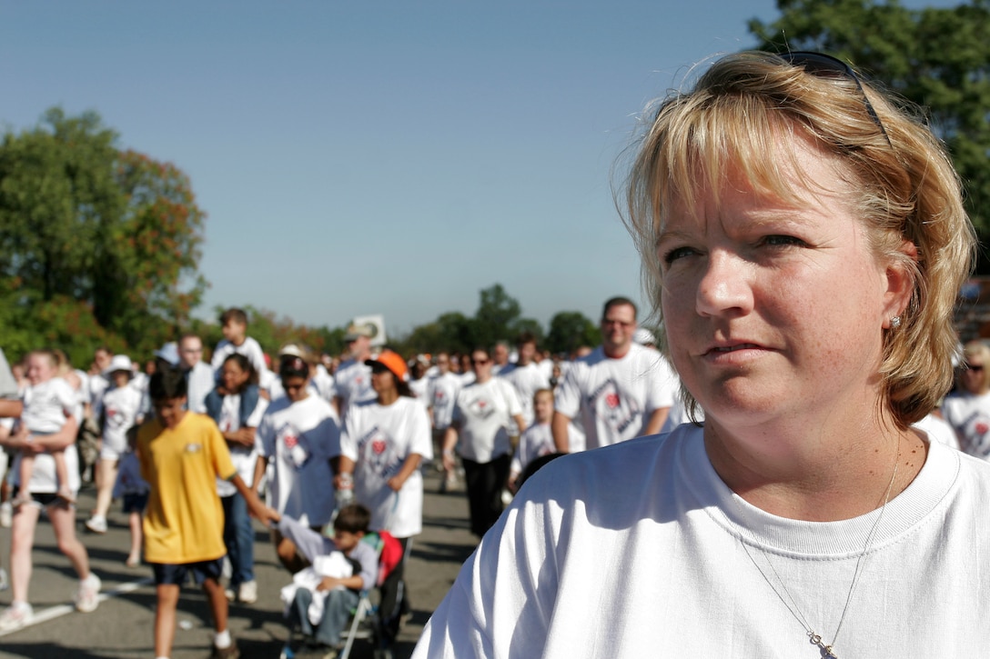 Stephanie Dunn DeSimone reflects during the 2008 National America Supports You Freedom Walk in Washington, D.C., Sept. 7, 2008. DeSimone's husband, U.S. Navy Cmdr. Patrick Dunn, died Sept. 11, 2001, when a plane hijacked by terrorists crashed into the Pentagon. 