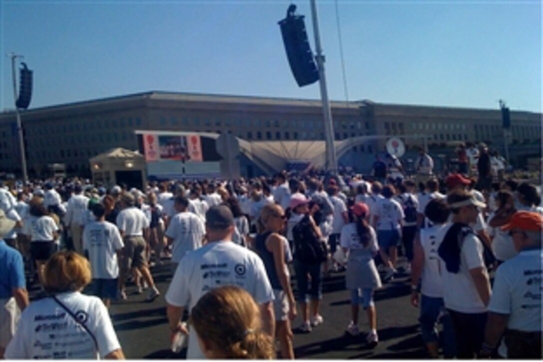 Participants in the 2008 national America Supports You Freedom Walk arrive at the Pentagon in Washington, D.C., Sept. 7, 2008. The walk is a national tradition that calls on people to reflect on the lives lost on Sept. 11, 2001, remember those who responded, honor our veterans past and present and renew our commitment to freedom and the values of our country.