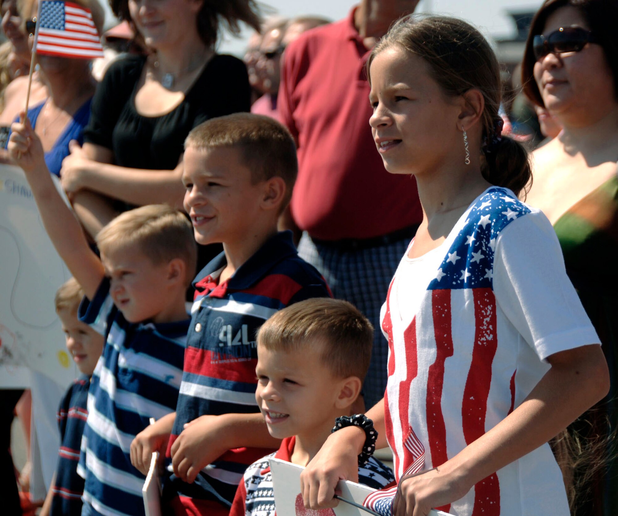 Children await the arrival of their returning parents Sept. 3 at Charleston Air Force Base, S.C. Members of the 14th Airlift Squadron returned after a four-month deployment to Southwest Asia. (U.S. Air Force photo/Airman 1st Class Cynthia Spalding)
