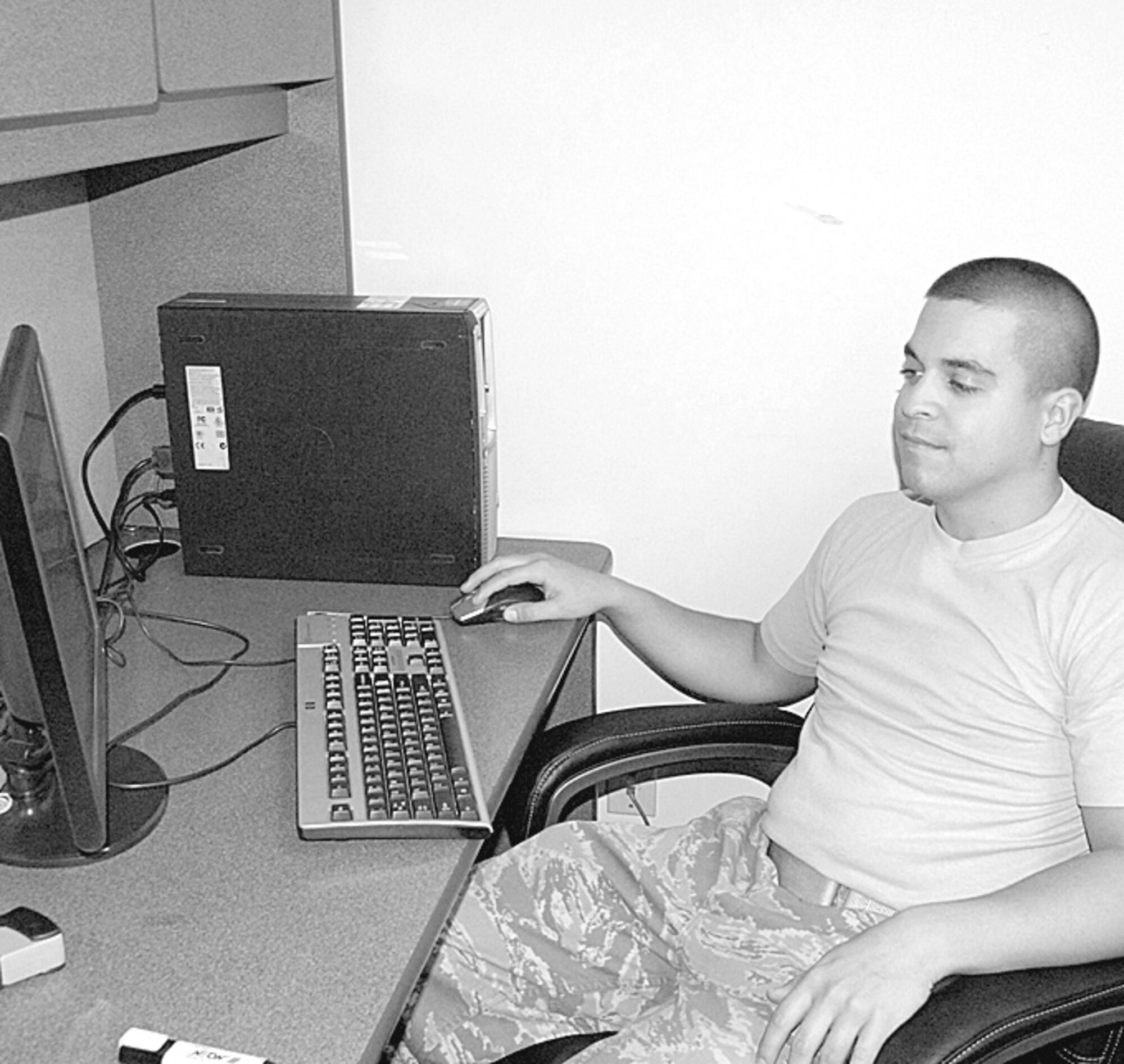 Senior Airman Robert Fanton, 43rd Civil Engineer Squadron, works to schedule people for Chemical, Biological, Radiological, Nuclear and Explosives (CBRNE) training. (U.S. Air Force Photo by Emily Smith)