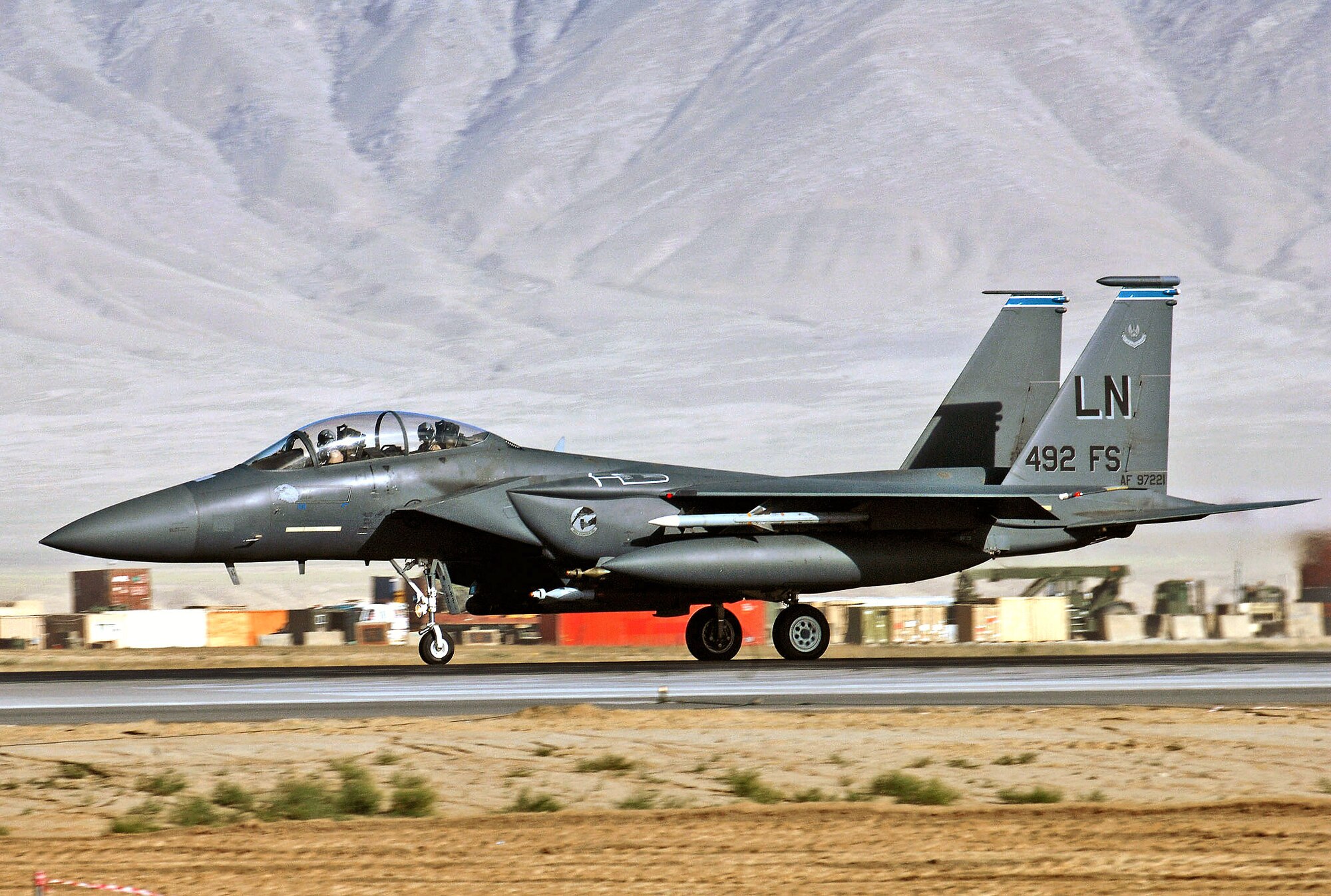 An F-15E Strike Eagle takes off from Bagram Air Base, Afghanistan. F-15Es fly close-air-support missions and provide armed overwatch for Operation Enduring Freedom. (U.S. Air Force photo/Staff Sgt. Craig Seals) 