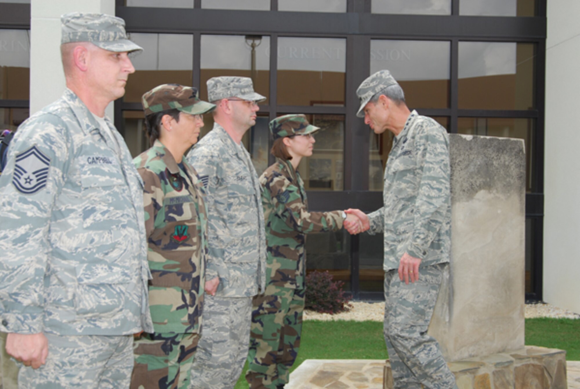 U.S. Air Force Chief of Staff Gen. Norton A. Schwartz greets Airmen assigned to the 601st Air Operations Center during a recent visit to Tyndall Air Force Base Sept. 3.  (U.S. Air Force photo by Lisa Norman)
