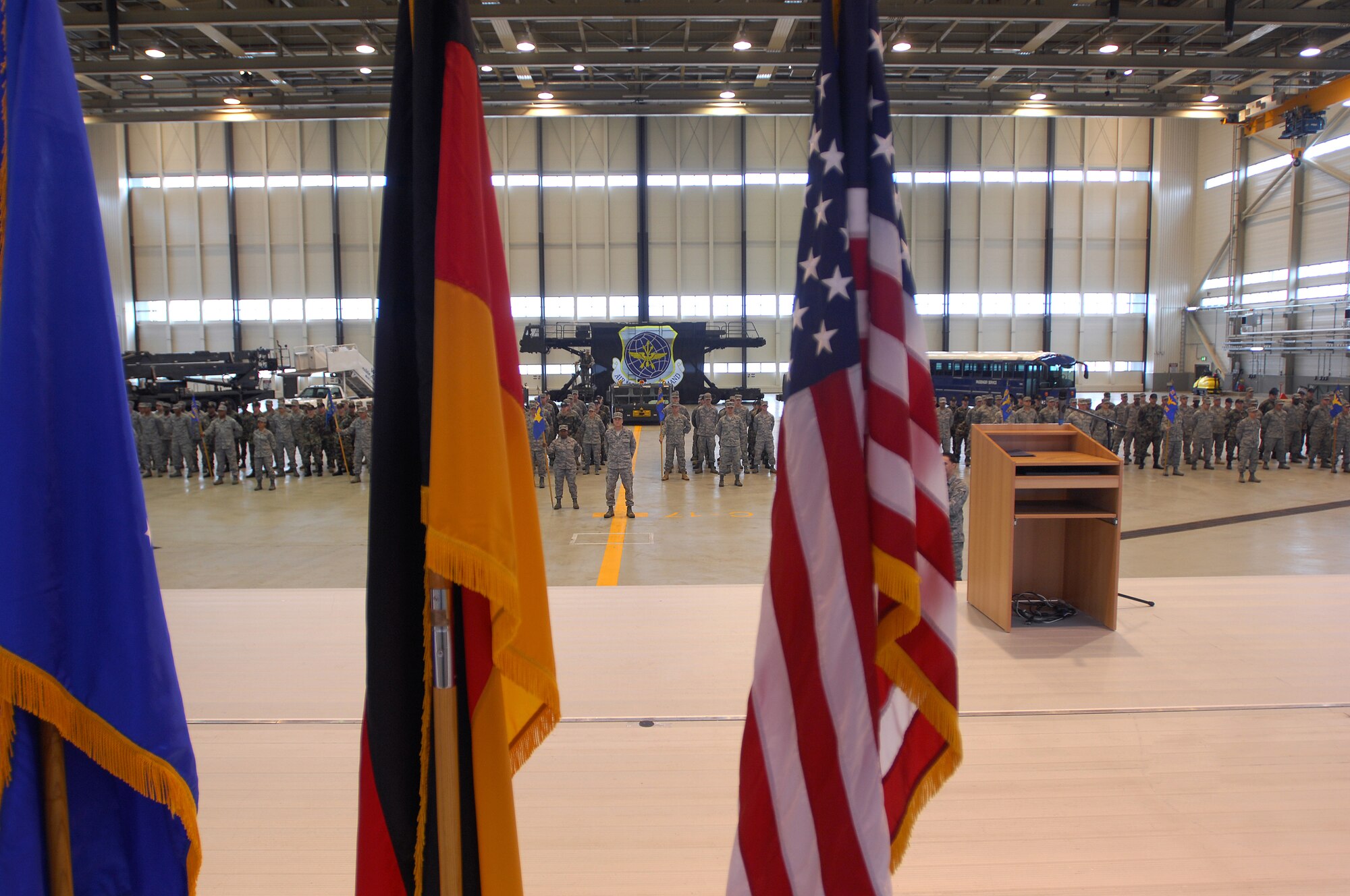 United States Air Force members stand in formation in support of the 521st Air Mobility Operations Wing activation ceremony, Ramstein Air Base, Germany, Sept. 4, 2008. (U.S. Air Force photo by Airman 1st Class Kenny Holston)(Released)