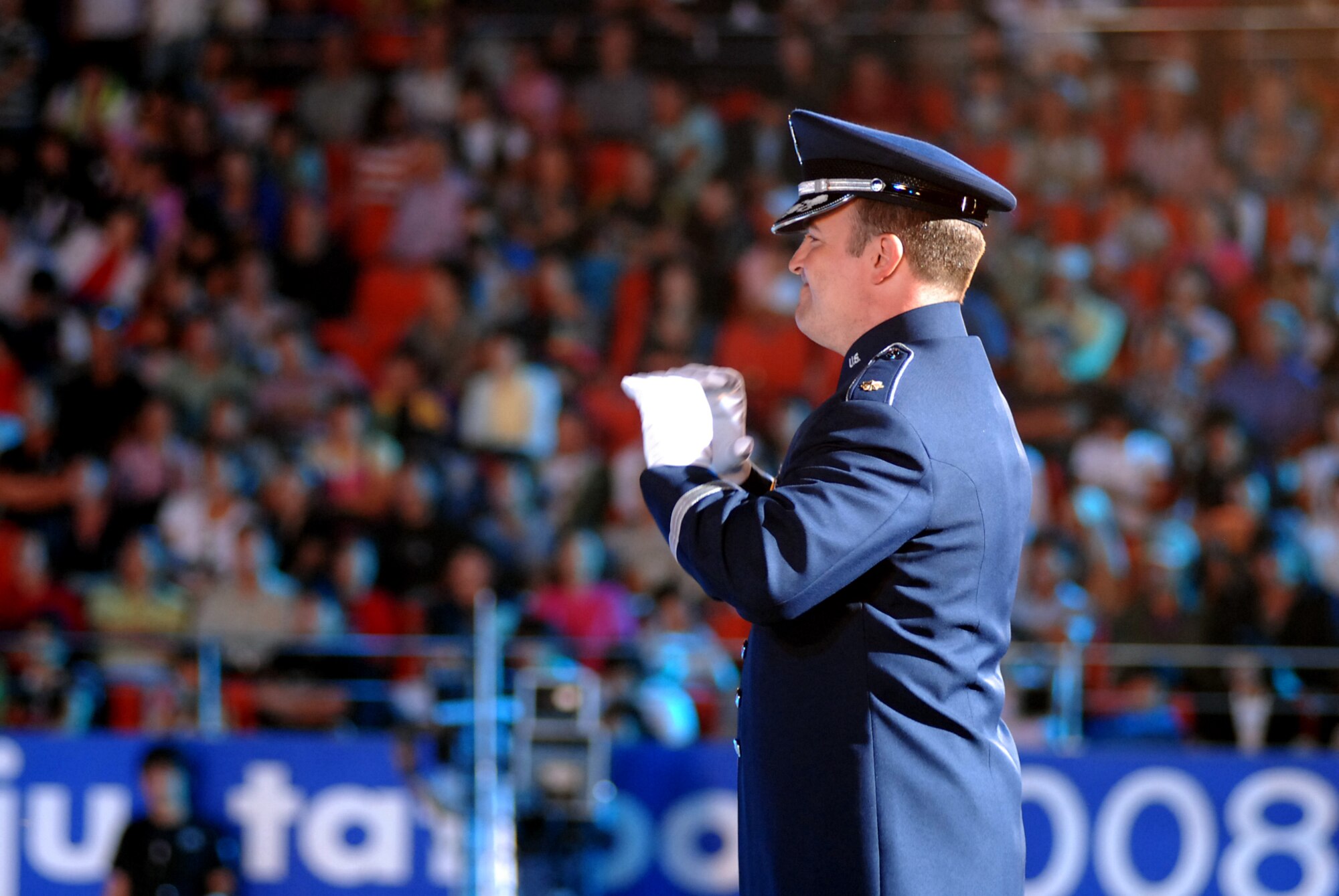 WONJU,  Republic of Korea -- Maj. Matthew Henry, Pacific Air Forces Regional band commander, directs the U.S. Air Force Total Force Band. The band performed at the 2008 International Tattoo here Sept. 5. The band was formed of regional band members from commands worldwide.