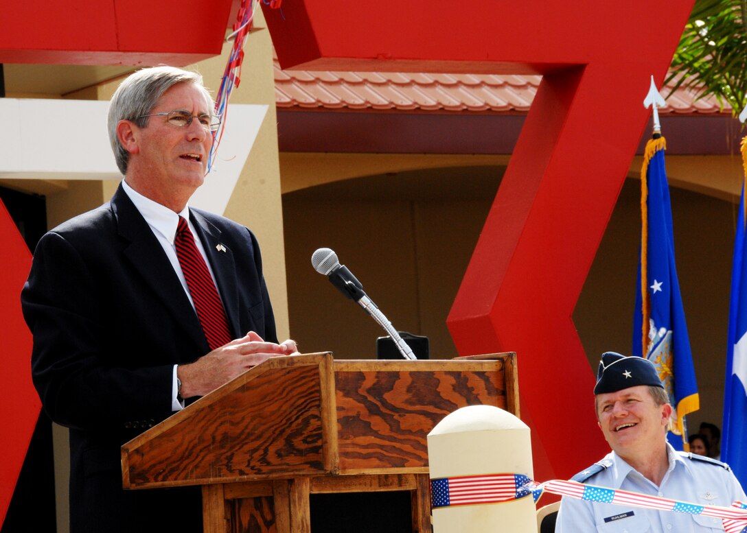 ANDERSEN AIR FORCE BASE, Guam - Mike Howard, Air Force and Army Exchange Services chief operations officer, speaks during the grand opening ceremony of the Base Exchange here Sept. 10. The new BX hours of operation are 9 a.m. to 8 p.m., seven days a week, and from 10 a.m. to 6 p.m. on holidays. (U.S Air Force photo by Airman 1st Class Nichelle Griffiths)

