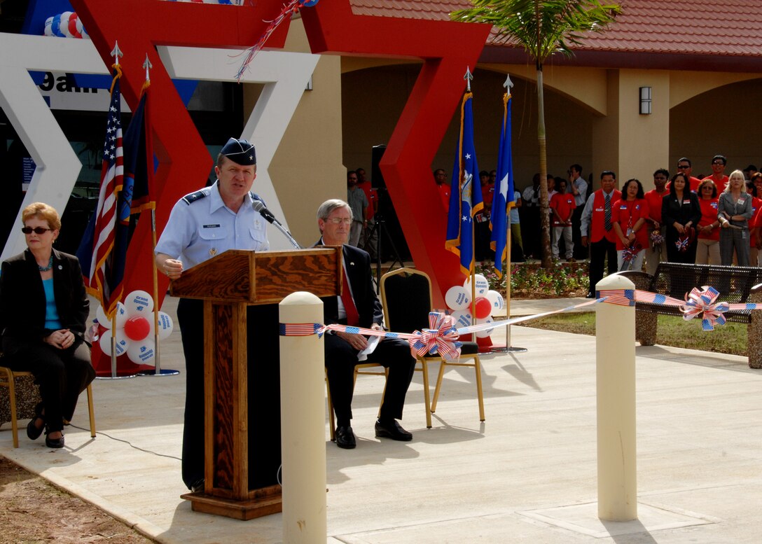 ANDERSEN AIR FORCE BASE, Guam - Brigadier. Gen. Philip Ruhlman, 36th Wing commander, speaks during the grand opening ceremony of the Base Exchange here Sept. 10. The new BX, located across the street from the Car Care Gas Station, provides a wide variety of services to meet Team Andersen Airmen's needs, including six restaurants, a computer repair shop, a hair salon and many more concession shops. The new BX also offers merchandise from local vendors. (U.S Air Force photo by Airman 1st Class Nichelle Griffiths)

