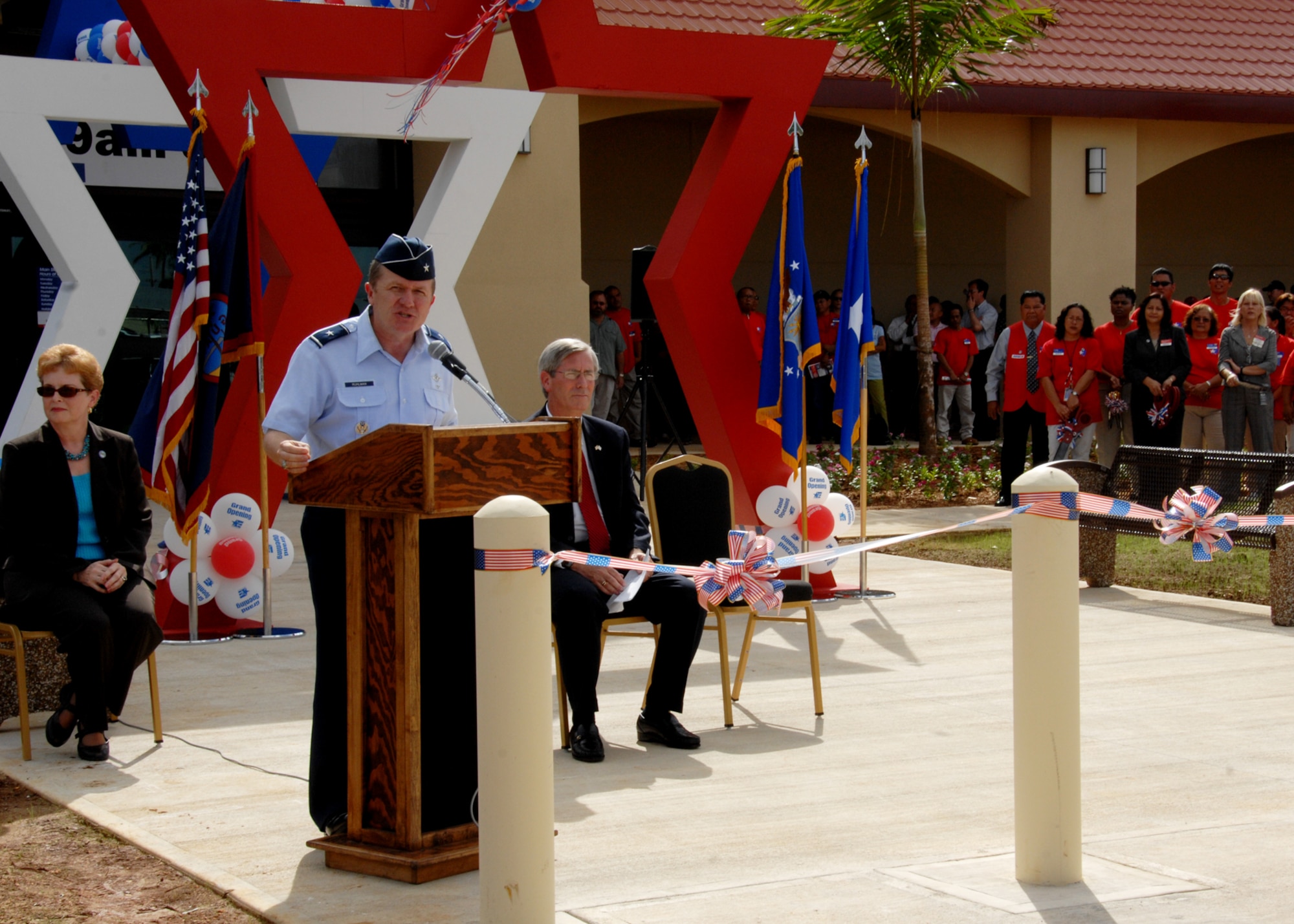 ANDERSEN AIR FORCE BASE, Guam - Brigadier. Gen. Philip Ruhlman, 36th Wing commander, speaks during the grand opening ceremony of the Base Exchange here Sept. 10. The new BX, located across the street from the Car Care Gas Station, provides a wide variety of services to meet Team Andersen Airmen's needs, including six restaurants, a computer repair shop, a hair salon and many more concession shops. The new BX also offers merchandise from local vendors. (U.S Air Force photo by Airman 1st Class Nichelle Griffiths)

