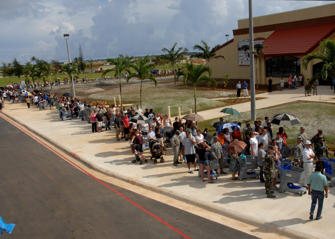 ANDERSEN AIR FORCE BASE, Guam- Members of Team Andersen line up outside awaiting the grand opening of the Base Exchange here Sept. 10 . The new shopping complex is more than 181,000 square feet. (U.S Air Force photo by Airman 1st Class Nichelle Griffiths)

