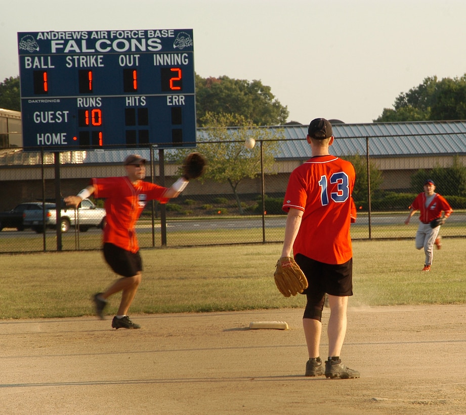 AFOSI Gators' pitcher Adam Engleman throws a strike to Gators' shortstop Kelly Luzum for the start of an inning-ending double play. The Gators went on to a 16-2 win in the first game of a doubleheader to determinine the Andrews Air Force Base Intramural Softball Championship. (U.S. Air Force photo/Tech. Sgt John Jung)