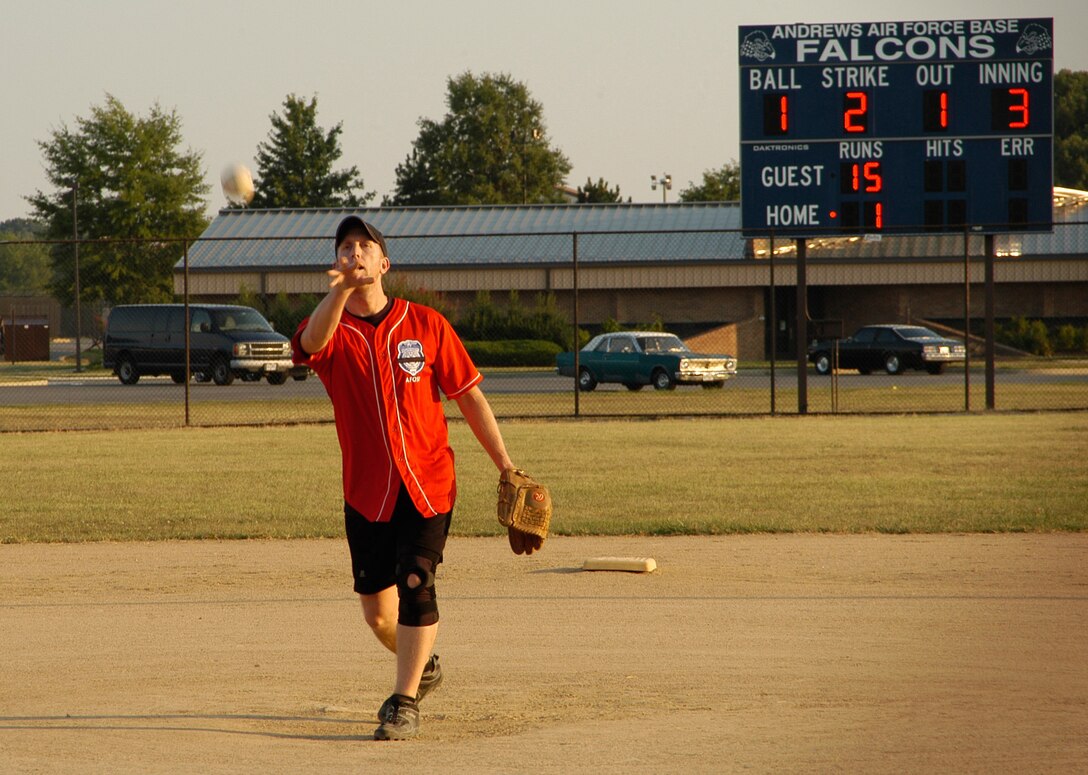 AFOSI Gators' pitcher Adam Engleman dominated the opposition throwing five rock-solid innings and took his team on to a 16-2 win in the first game of a doubleheader to determinine the Andrews Air Force Base Intramural Softball Championship. (U.S. Air Force photo/Tech. Sgt John Jung)