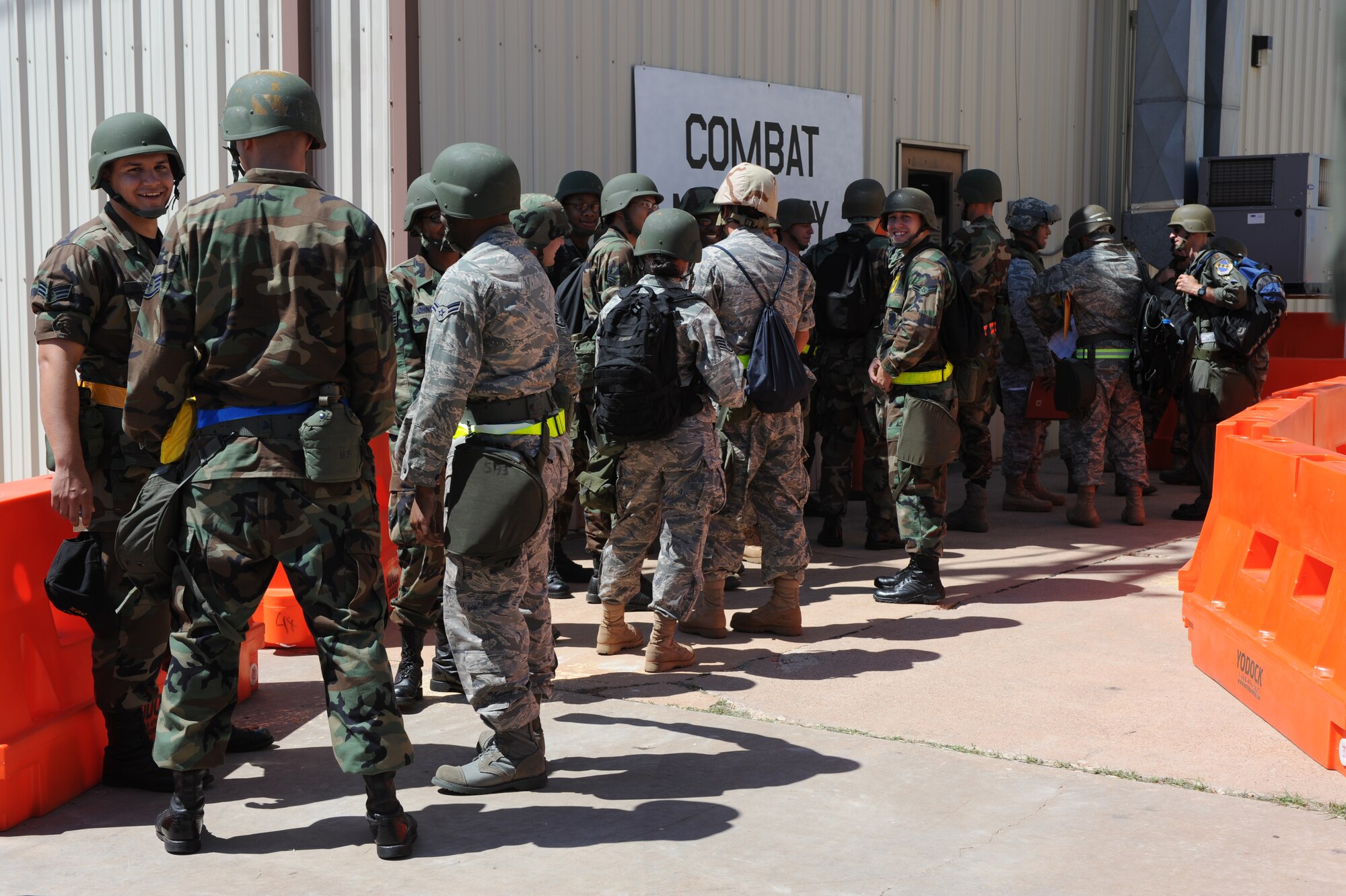 DYESS AIR FORCE BASE, Texas - Airmen wait in line to receive their mobility bags during the Operational Readiness Exercise at the Deployment Control Center, here, Sept. 6.  Dyess AFB is preparing for their Operational Readiness Inspection due in October.  Exercises are designed to help Dyess AFB Airmen plan and prepare for real world deployments in support of war efforts. (U.S. Air Force photo/ Senior Airman Courtney Richardson)