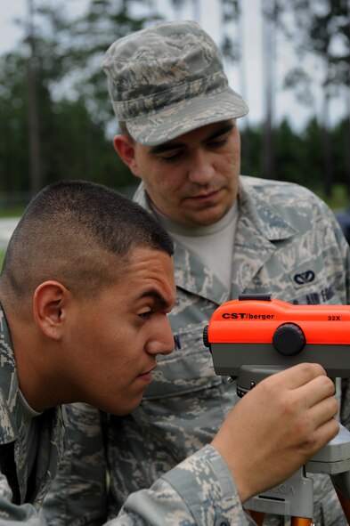 MOODY AIR FORCE BASE, Ga. – Airman 1st Class Mark Baldengro, 23rd Civil Engineer Squadron engineer specialist, uses an auto level to set a finish grade for the floor of a facility while Staff Sgt. Ricky Layton, 23rd CES engineer specialist, looks on during training here Aug. 21. Airman Baldengro is receiving the training for an upcoming deployment. (U.S. Air Force photo by Senior Airman Gina Chiaverotti)
