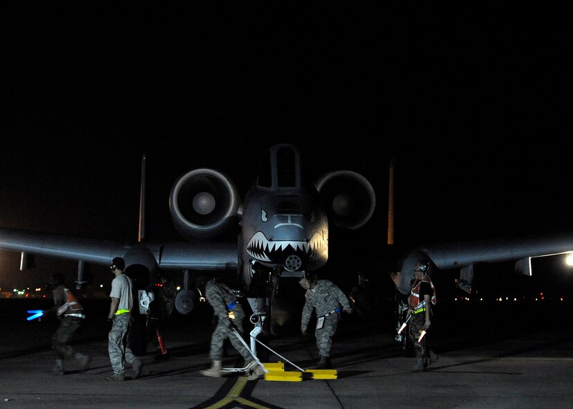 MOODY AIR FORCE BASE, Ga. -- 75th Aircraft Maintenance Unit Airmen perform end of runway checks on an A-10C Thunderbolt II before take-off here Sept. 8. The 75th Fighter Squadron deployed for the first time since joining the 23rd Wing team here at Moody . (U.S. Air Force photo by Senior Airman Brittany Barker)

